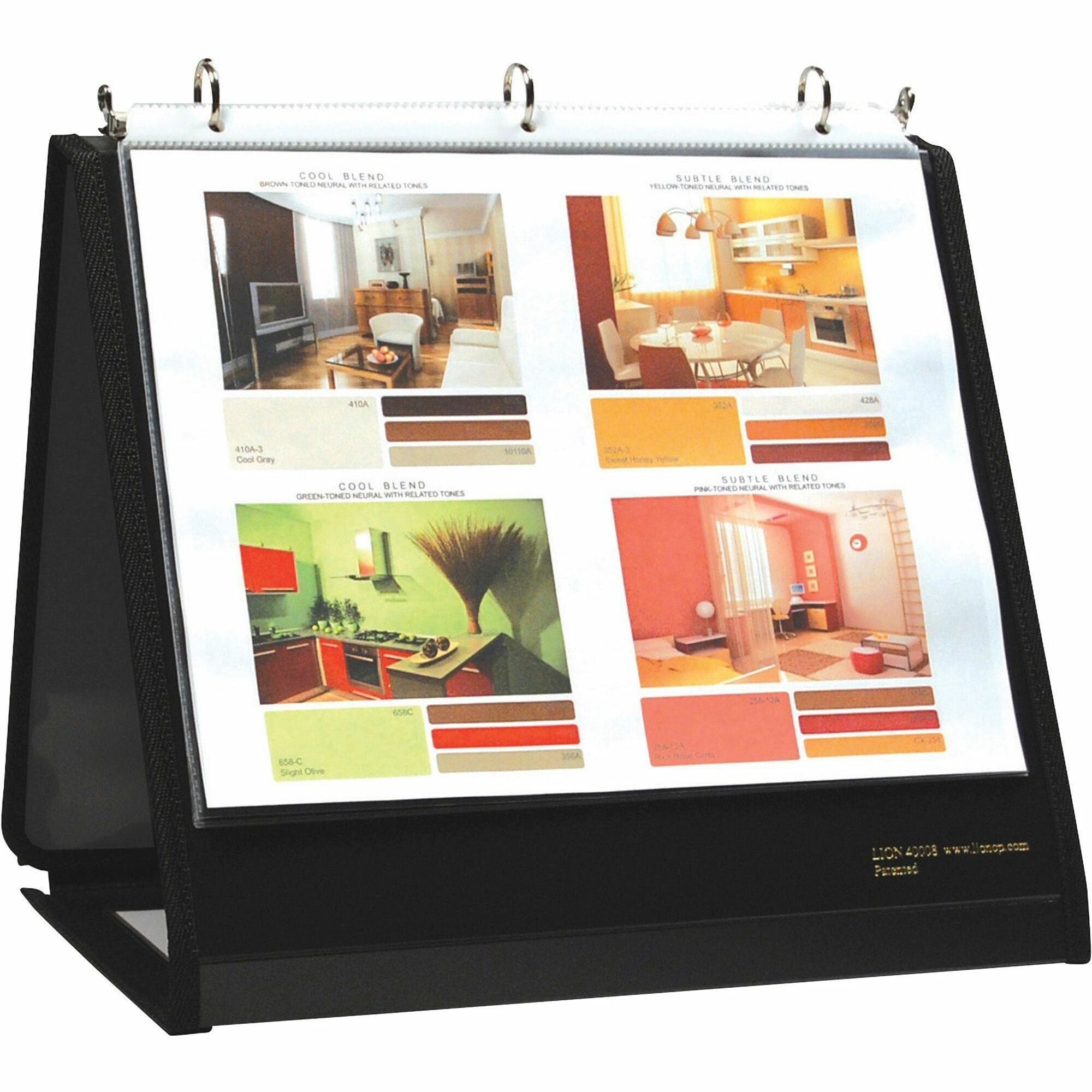 Lion Insta-Cover Round Ring Easel Binder, 3/4" Capacity, Letter Size 8.5" x 11", 3 Round Rings, 40 Pockets, Horizontal, Black, Recycled, Label Holder, Reinforced Sewn Edge, Business Card Holder, 1 Each