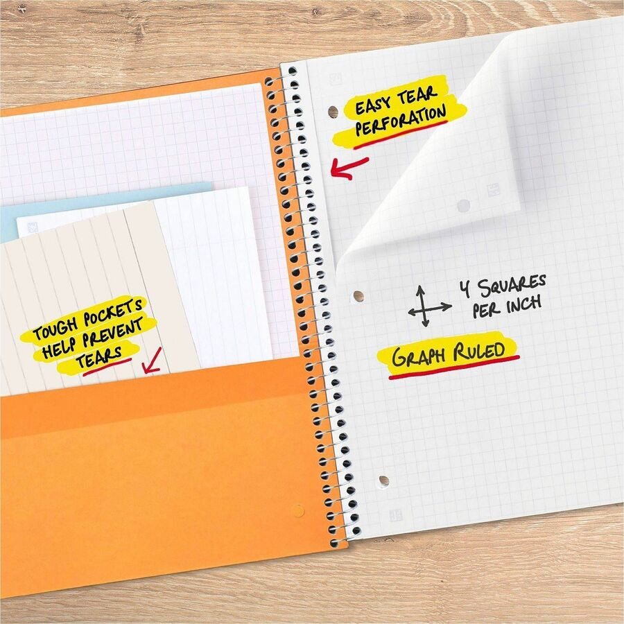 100 Sheets - Wire Bound - Quad Ruled Front Ruling - Letter - 8 1/2" x 11" Sheet Size - White Paper - Plastic Cover - Perforated, Pocket Divider, Punched, Subject - 1 Each
