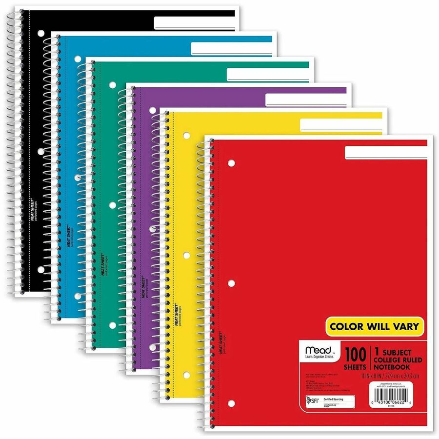 Mead One-subject Spiral Notebook - 100 Sheets - Spiral - College Ruled Front Ruling - 8" x 10 1/2" Sheet Size x 8" Width x 10.5" Length - White Paper - Back Board - 1 Each