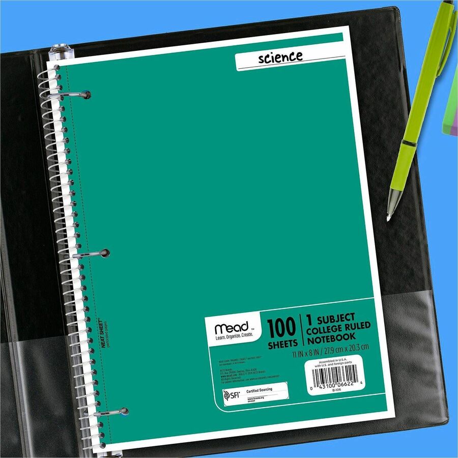 Mead One-subject Spiral Notebook - 100 Sheets - Spiral - College Ruled Front Ruling - 8" x 10 1/2" Sheet Size x 8" Width x 10.5" Length - White Paper - Back Board - 1 Each
