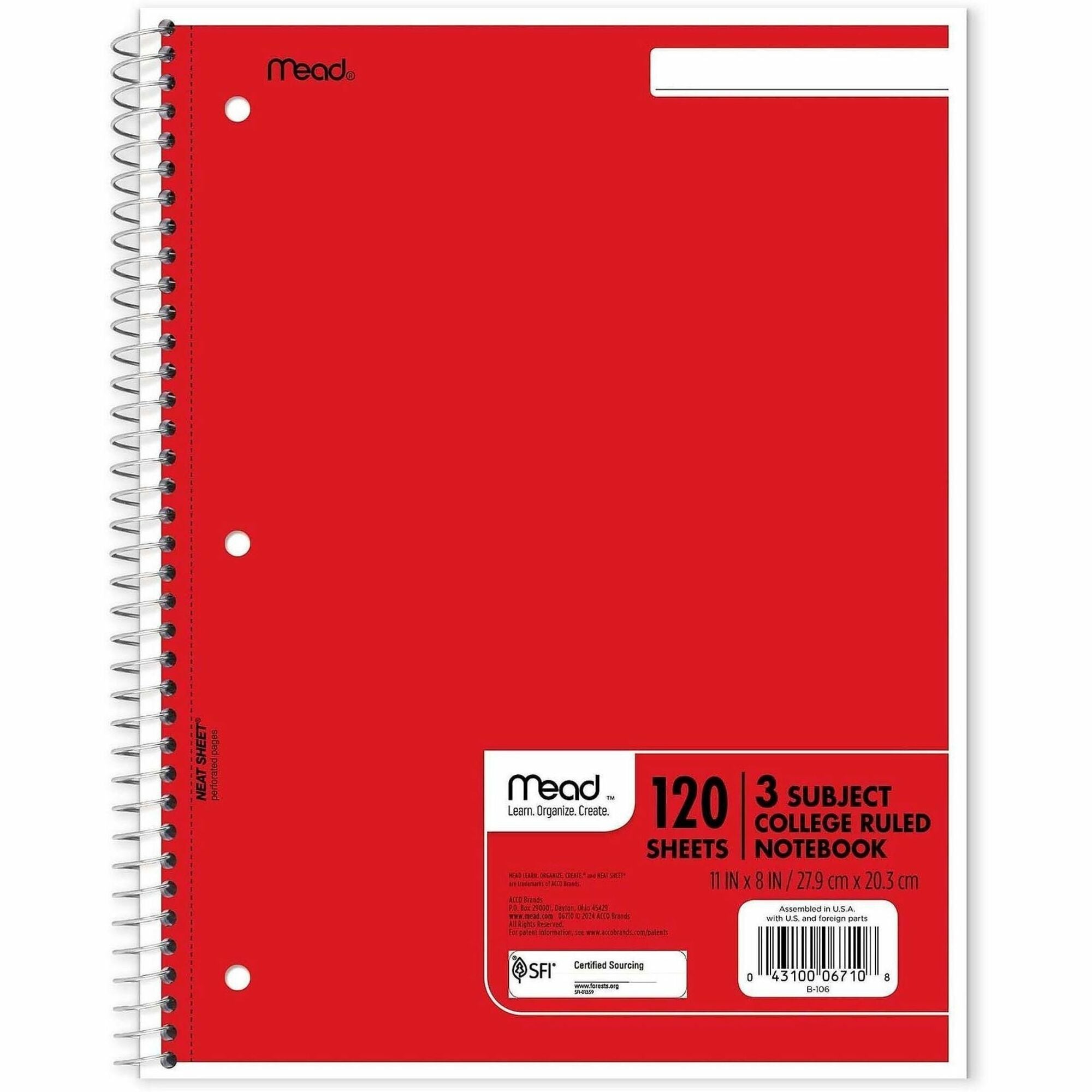120 Sheets - Spiral - College Ruled Front Ruling - Letter - 8" x 11" Sheet Size - White Paper - Assorted Cover - Back Board - 1 Each