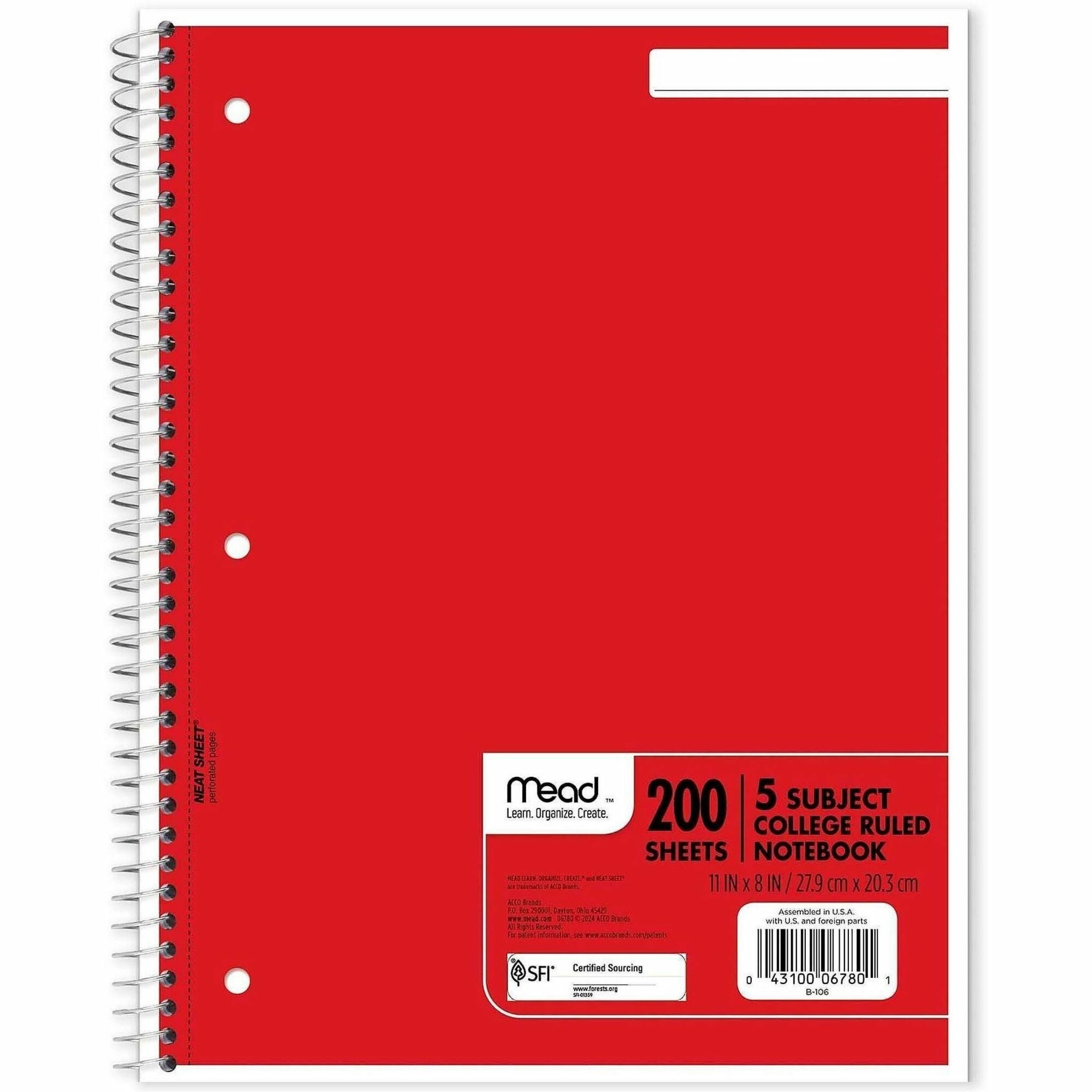 200 Sheets - Spiral - College Ruled Front Ruling - Letter - 8 1/2" x 11" Sheet Size - White Paper - Assorted Cover - Back Board, Heavyweight - 1 Each