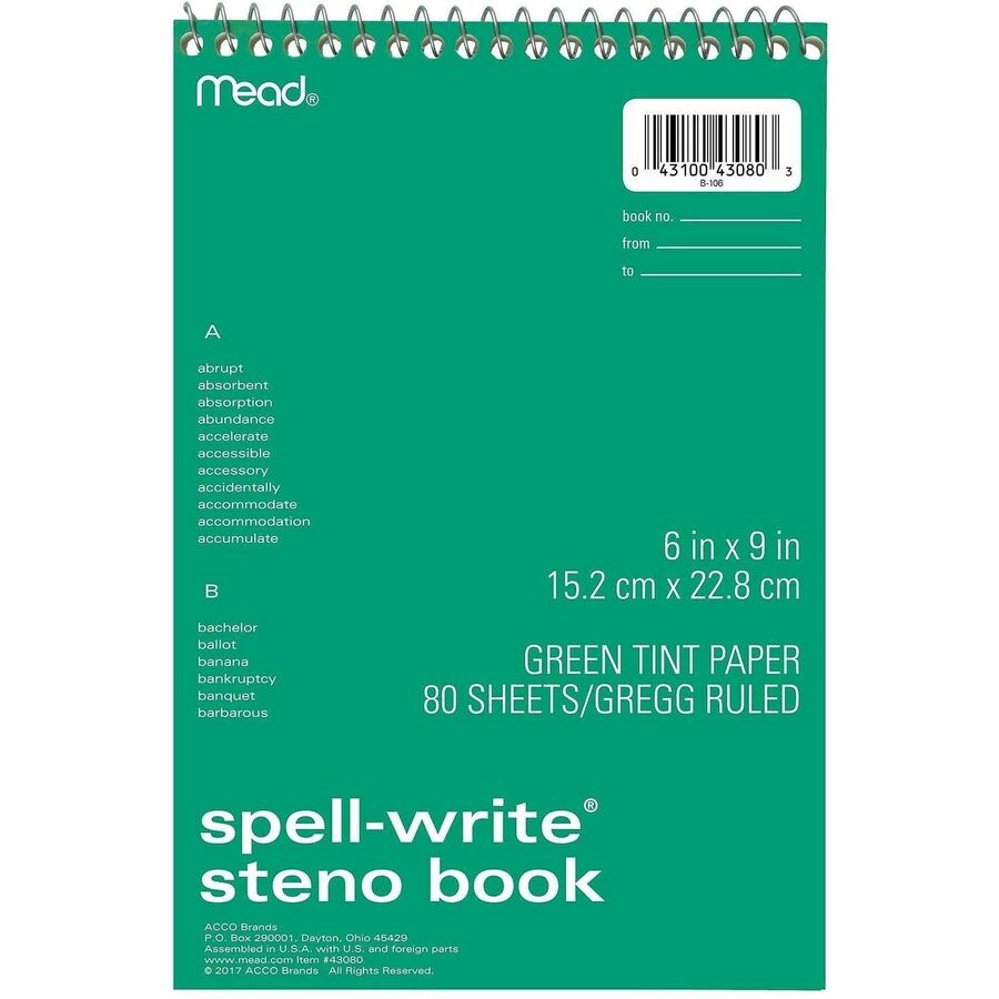 Mead Spell-Write Steno Book - 80 Sheets - Wire Bound - 6" x 9" Sheet Size - Green Paper - Cardboard Cover - 1 Each