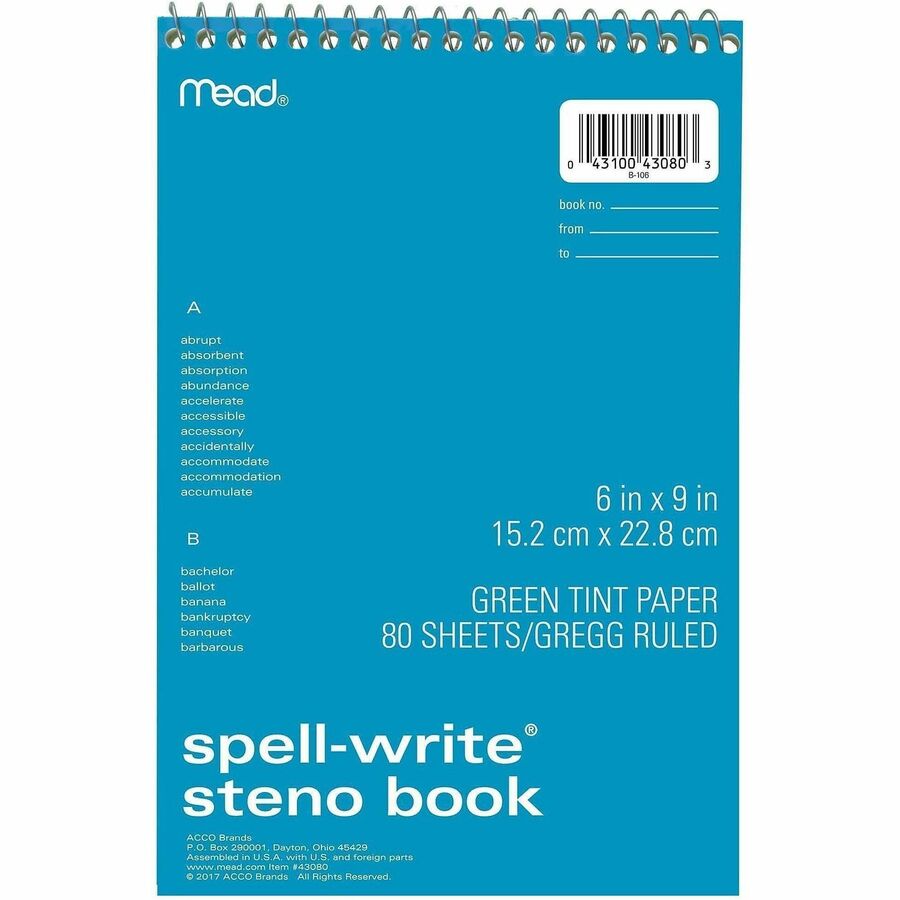 Mead Spell-Write Steno Book - 80 Sheets - Wire Bound - 6" x 9" Sheet Size - Green Paper - Cardboard Cover - 1 Each