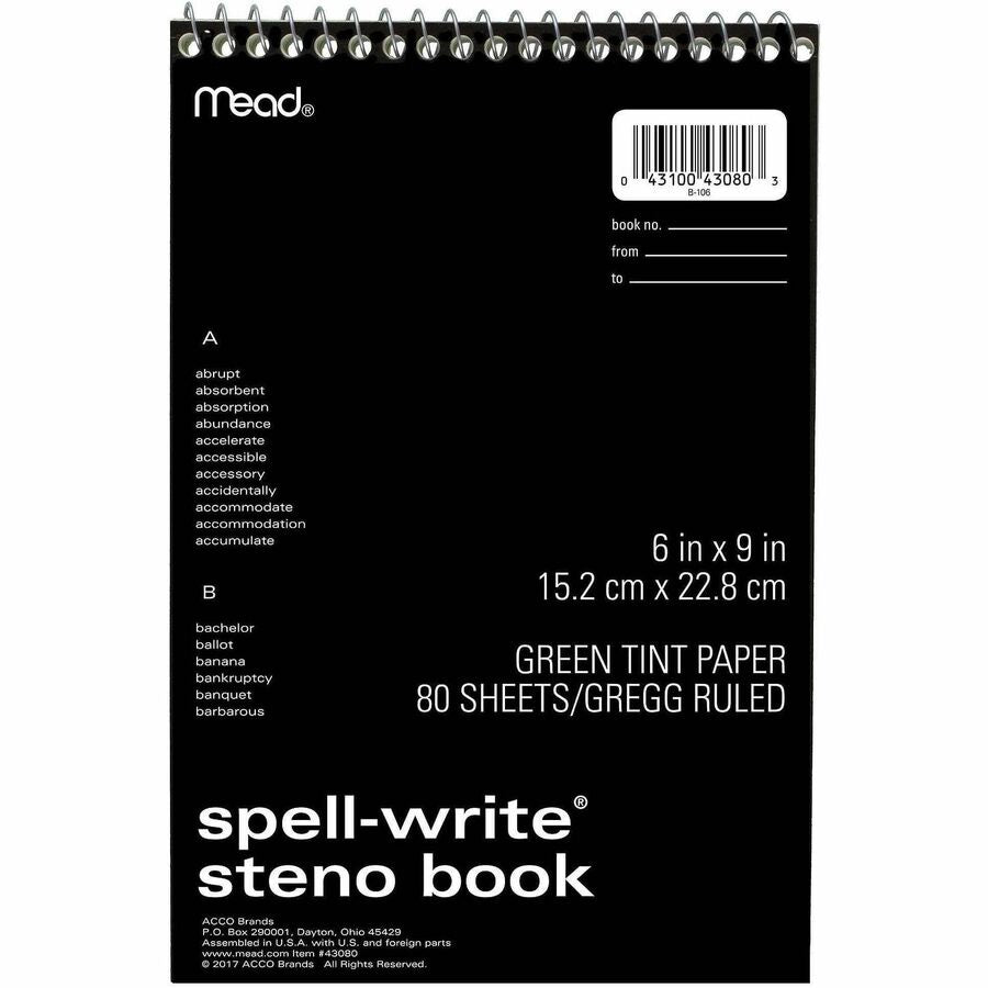 Mead Spell-Write Steno Book - 80 Sheets - Wire Bound - 6" x 9" Sheet Size - Green Paper - Cardboard Cover - 1 Each