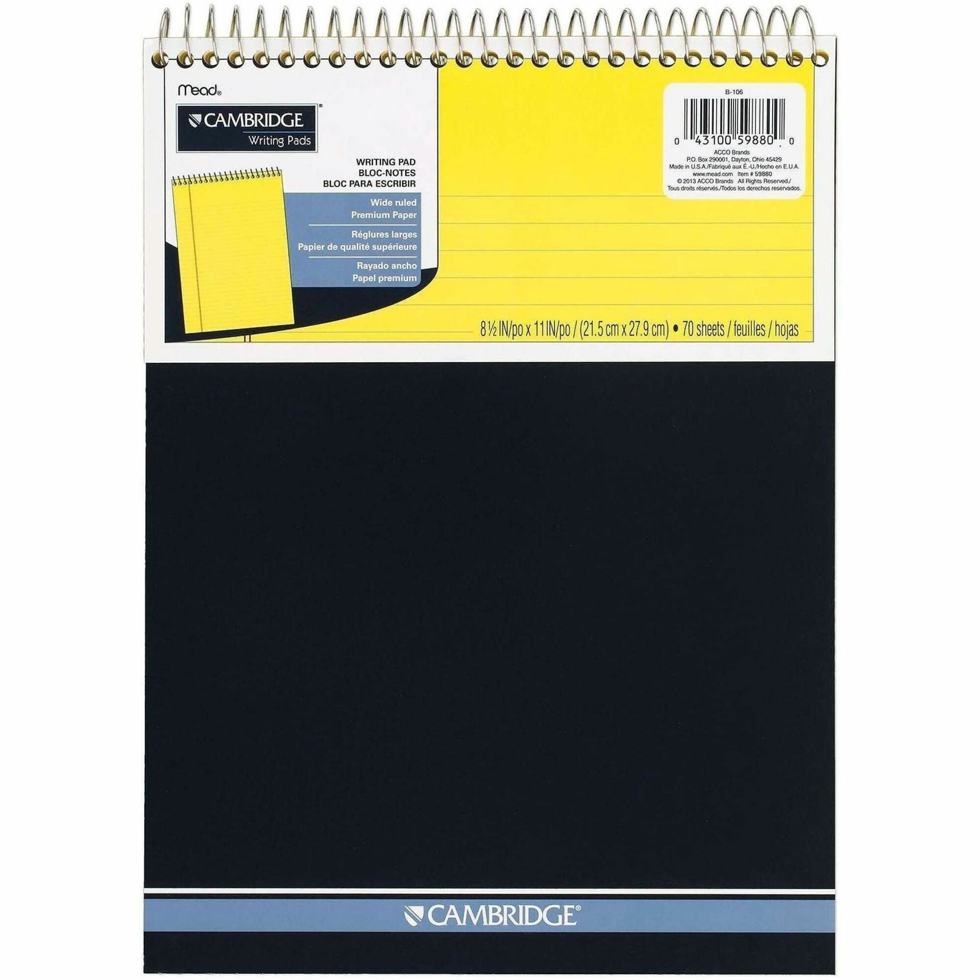 70 Sheets - Spiral - 20 lb Basis Weight - 8 1/2" x 11 3/4" Sheet Size - Canary Paper - Navy Board Cover - Heavyweight, Micro Perforated, Spiral Lock, Stiff-back - 1 Each
