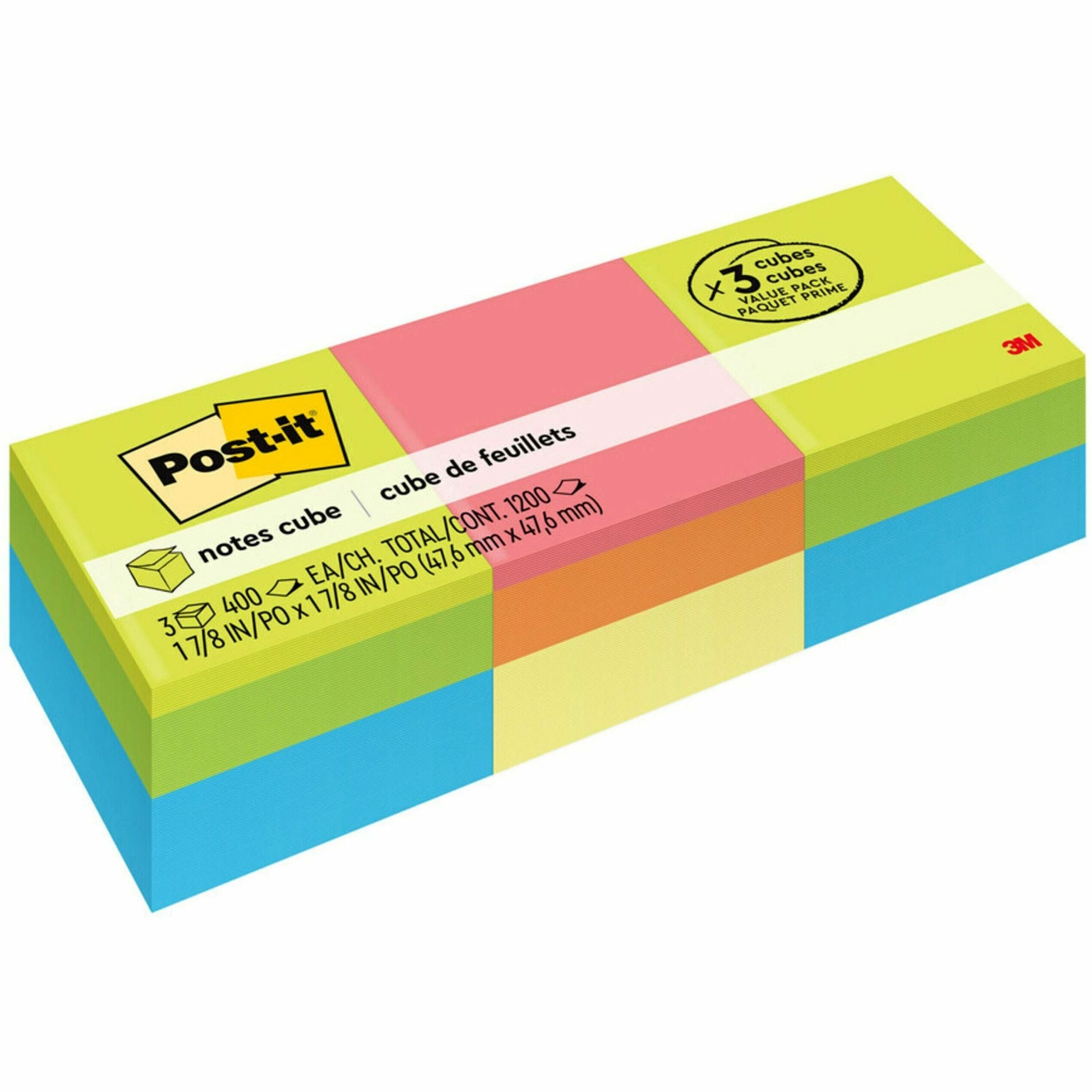 1200 - 2" Flag/Note Width x 2" Flag/Note Length - Square - 400 Sheets per Pad - Unruled - Acid Lime, Limeade, Blue Paradise, Guava, Vital Orange, Canary Yellow - Paper - Repositionable, Self-adhesive - 1 Pack