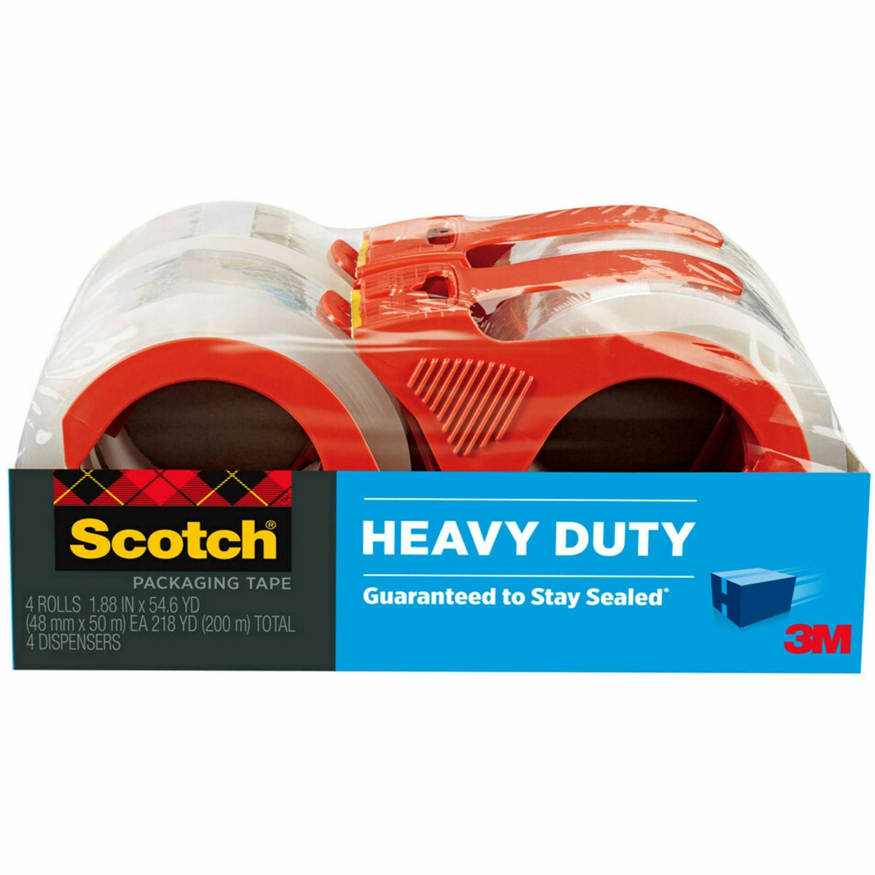 Scotch Heavy-Duty Shipping/Packaging Tape, 1.88" x 54.60 yd, 3.1 mil Thickness, Clear, 3" Core, Synthetic Rubber Resin, Dispenser Included, 4 Pack