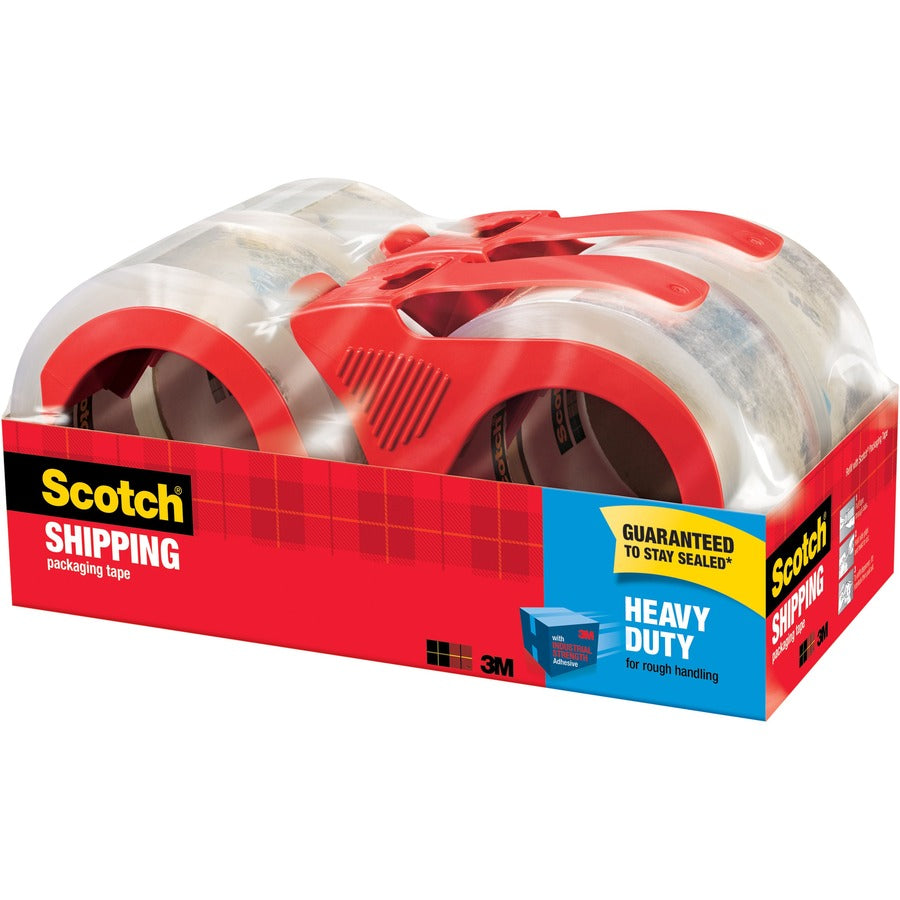 Scotch Heavy-Duty Shipping/Packaging Tape, 1.88" x 54.60 yd, 3.1 mil Thickness, Clear, 3" Core, Synthetic Rubber Resin, Dispenser Included, 4 Pack