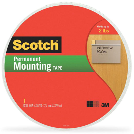 Scotch Double-Coated Foam Mounting Tape - 36 yd Length x 0.50" Width x 62.5 mil Thickness - 1" Core - White - Polyurethane - Long Lasting, Temperature Resistant - For Mounting - 1 Roll