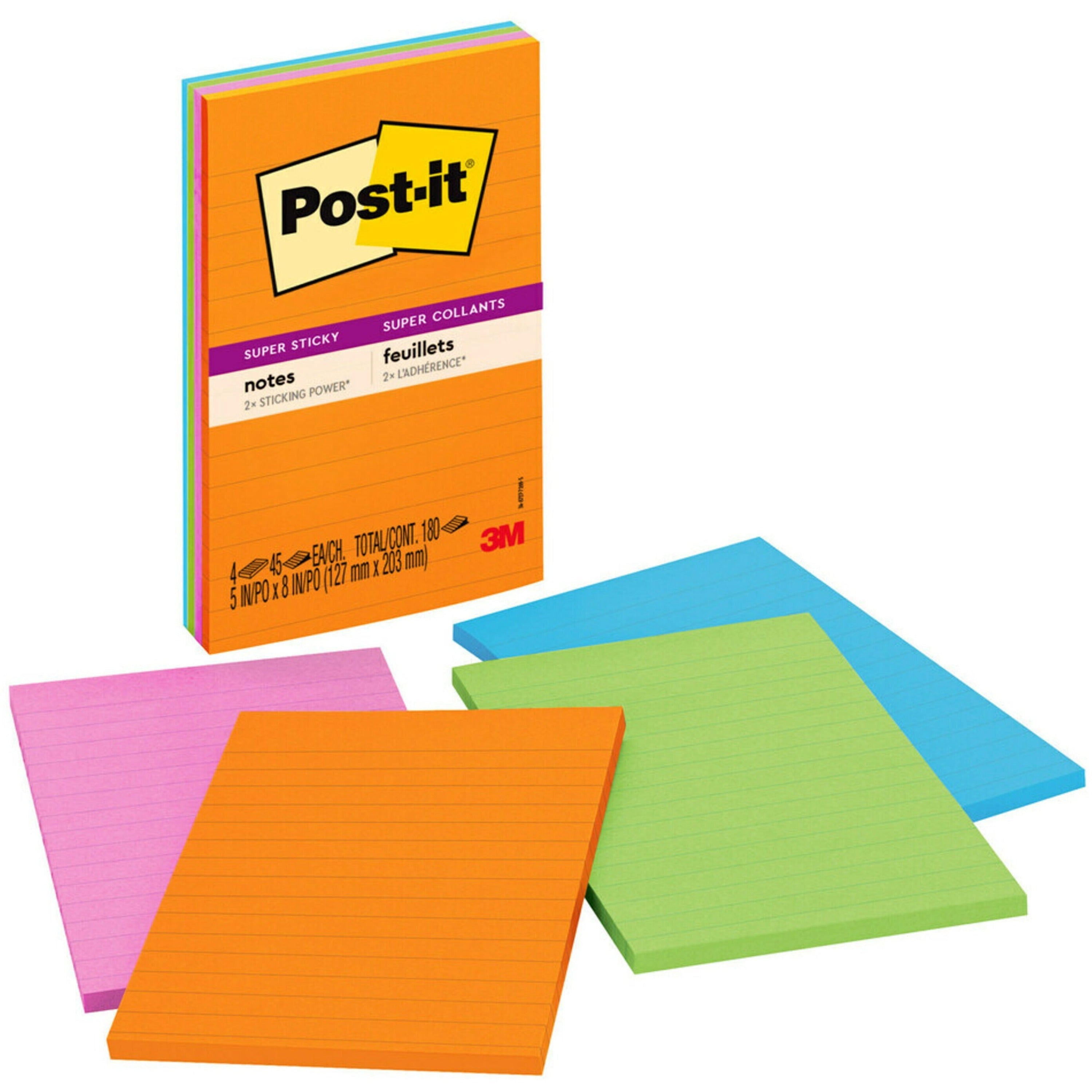 Post-it&reg; Super Sticky Lined Notes - Energy Boost Color Collection - 180 - 5" Flag/Note Width x 8" Flag/Note Length - Rectangle - 45 Sheets per Pad - Ruled - Vital Orange, Tropical Pink, Blue Paradise, Limeade - Paper - Self-adhesive - 4 / Pack