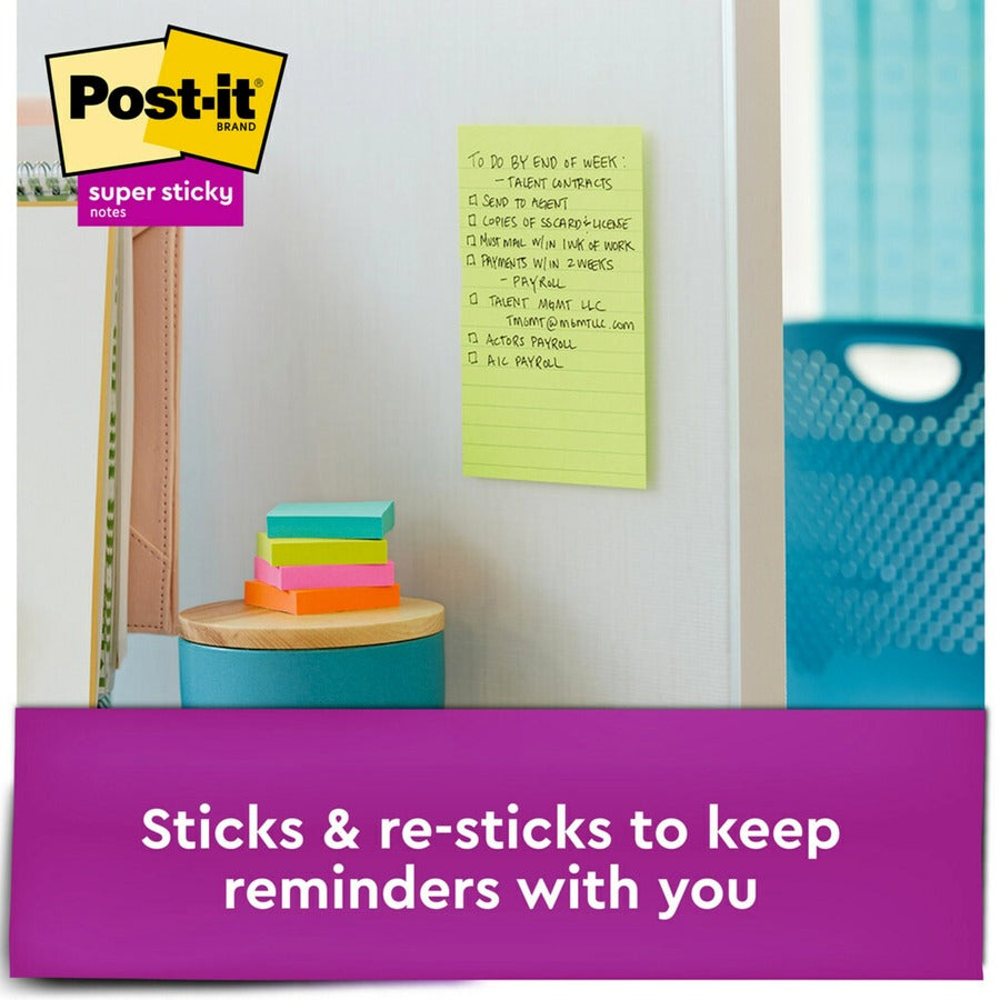Post-it&reg; Super Sticky Lined Notes - Energy Boost Color Collection - 180 - 5" Flag/Note Width x 8" Flag/Note Length - Rectangle - 45 Sheets per Pad - Ruled - Vital Orange, Tropical Pink, Blue Paradise, Limeade - Paper - Self-adhesive - 4 / Pack