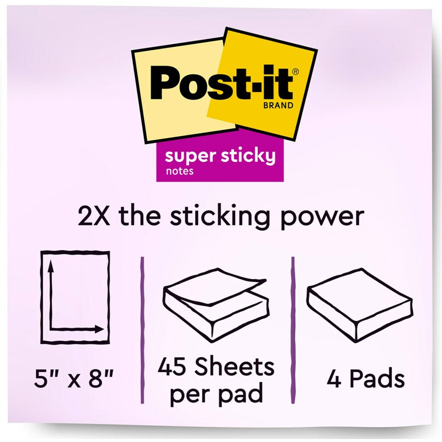 Post-it&reg; Super Sticky Lined Notes - Energy Boost Color Collection - 180 - 5" Flag/Note Width x 8" Flag/Note Length - Rectangle - 45 Sheets per Pad - Ruled - Vital Orange, Tropical Pink, Blue Paradise, Limeade - Paper - Self-adhesive - 4 / Pack