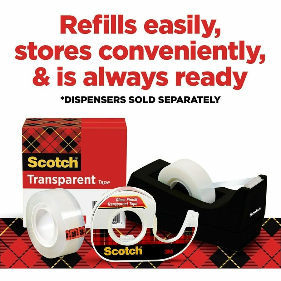 27.78 yd Length x 0.75" Width - 1" Core - Clear - Dispenser Included - Desktop Dispenser - Moisture Resistant, Stain Resistant, Long Lasting - For Multipurpose, Label Protection, Wrapping, Mending - 12 / Pack