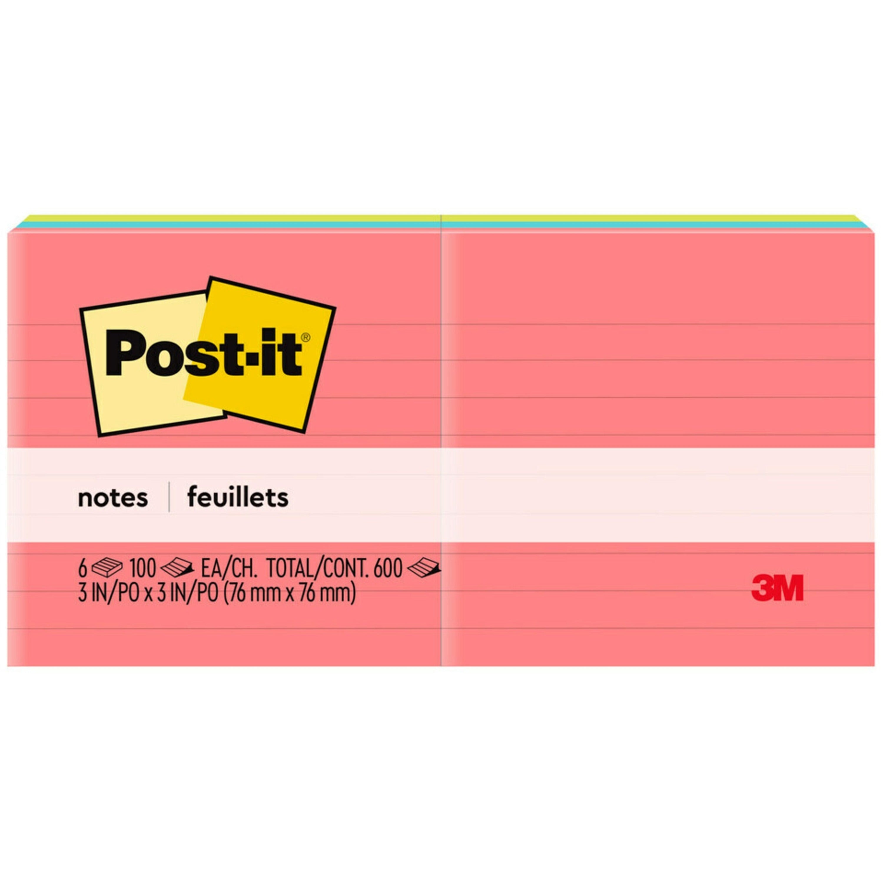 Post-it&reg; Lined Notes - Poptimistic Color Collection - 600 - 3" Flag/Note Width x 3" Flag/Note Length - Square - 100 Sheets per Pad - Ruled - Pink, Blue, Green - Paper - Self-adhesive, Repositionable - 6 / Pack