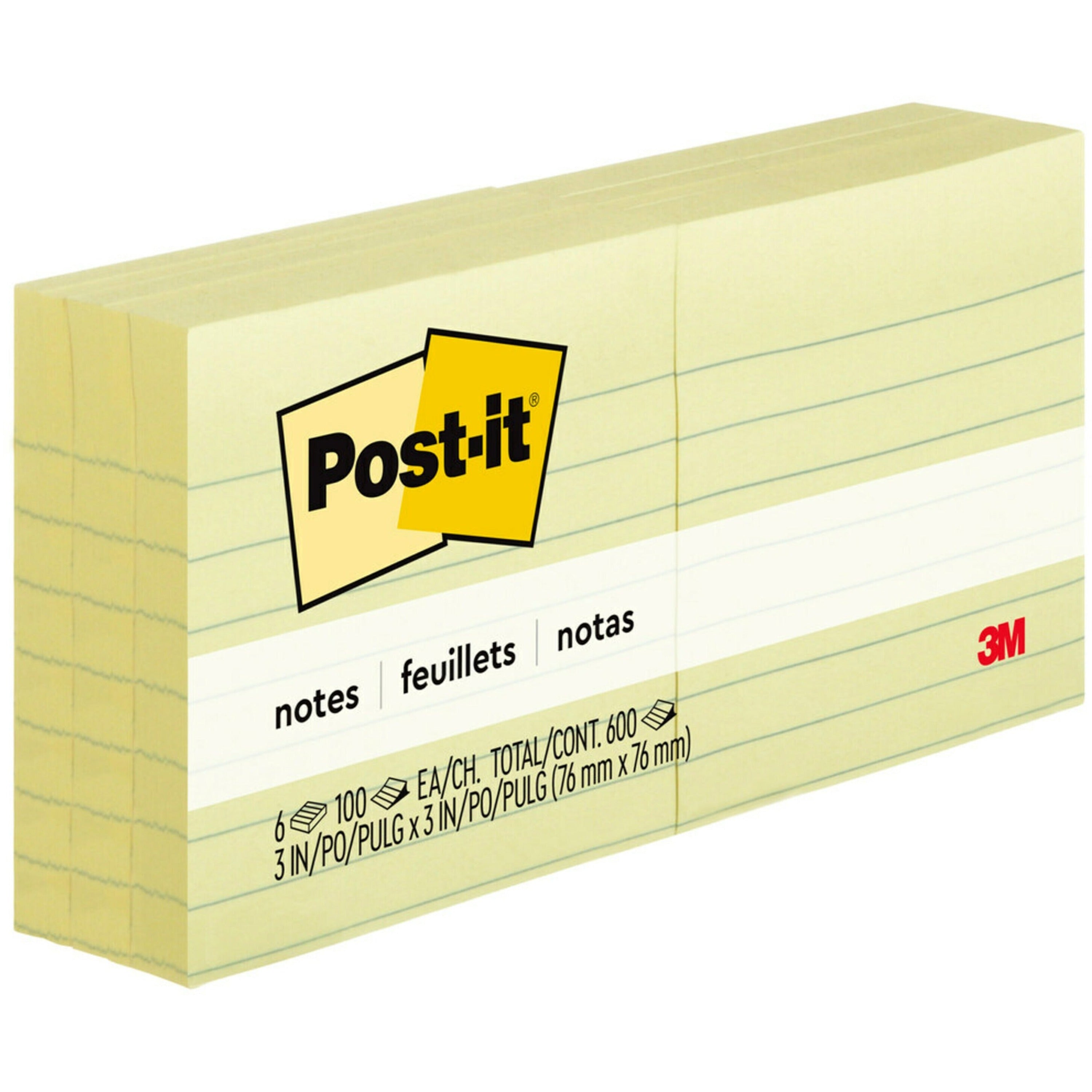 Post-it&reg; Lined Notes - 600 x Canary Yellow - 3" Flag/Note Width x 3" Flag/Note Length - Square - 100 Sheets per Pad - Ruled - Yellow - Paper - Self-adhesive, Repositionable, Removable - 6 / Pack