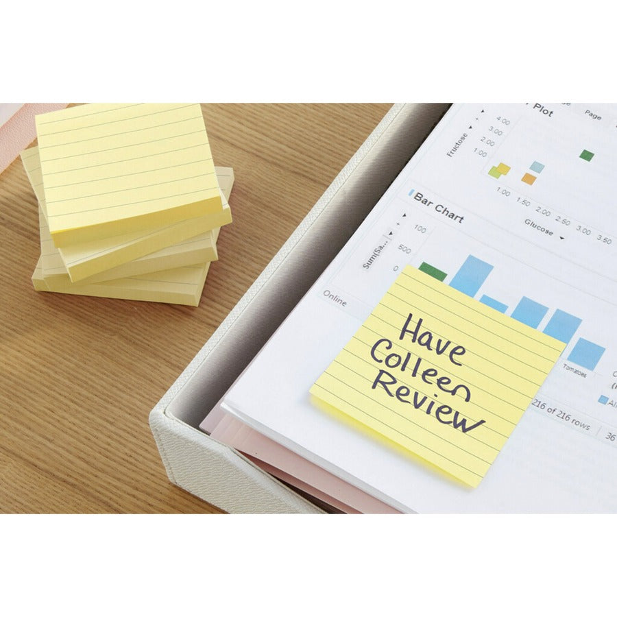 Post-it&reg; Lined Notes - 600 x Canary Yellow - 3" Flag/Note Width x 3" Flag/Note Length - Square - 100 Sheets per Pad - Ruled - Yellow - Paper - Self-adhesive, Repositionable, Removable - 6 / Pack