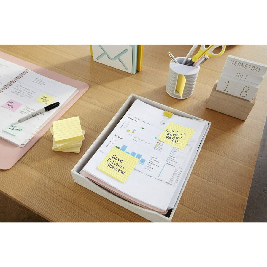Post-it&reg; Lined Notes - 600 x Canary Yellow - 3" Flag/Note Width x 3" Flag/Note Length - Square - 100 Sheets per Pad - Ruled - Yellow - Paper - Self-adhesive, Repositionable, Removable - 6 / Pack