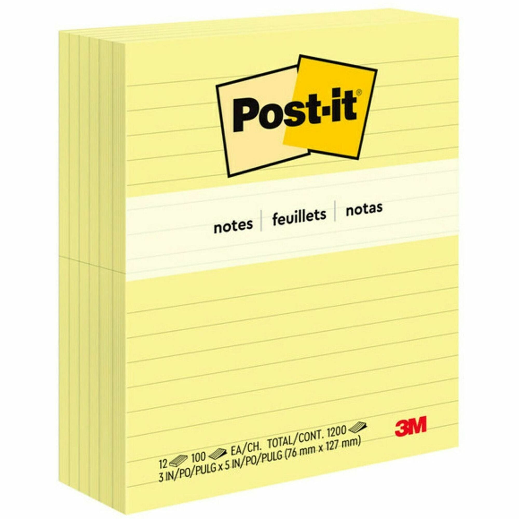 1200 x Canary Yellow - 3" Flag/Note Width x 5" Flag/Note Length - Rectangle - 100 Sheets per Pad - Ruled - Canary Yellow - Paper - Self-adhesive, Repositionable, Recyclable - 1 Pack