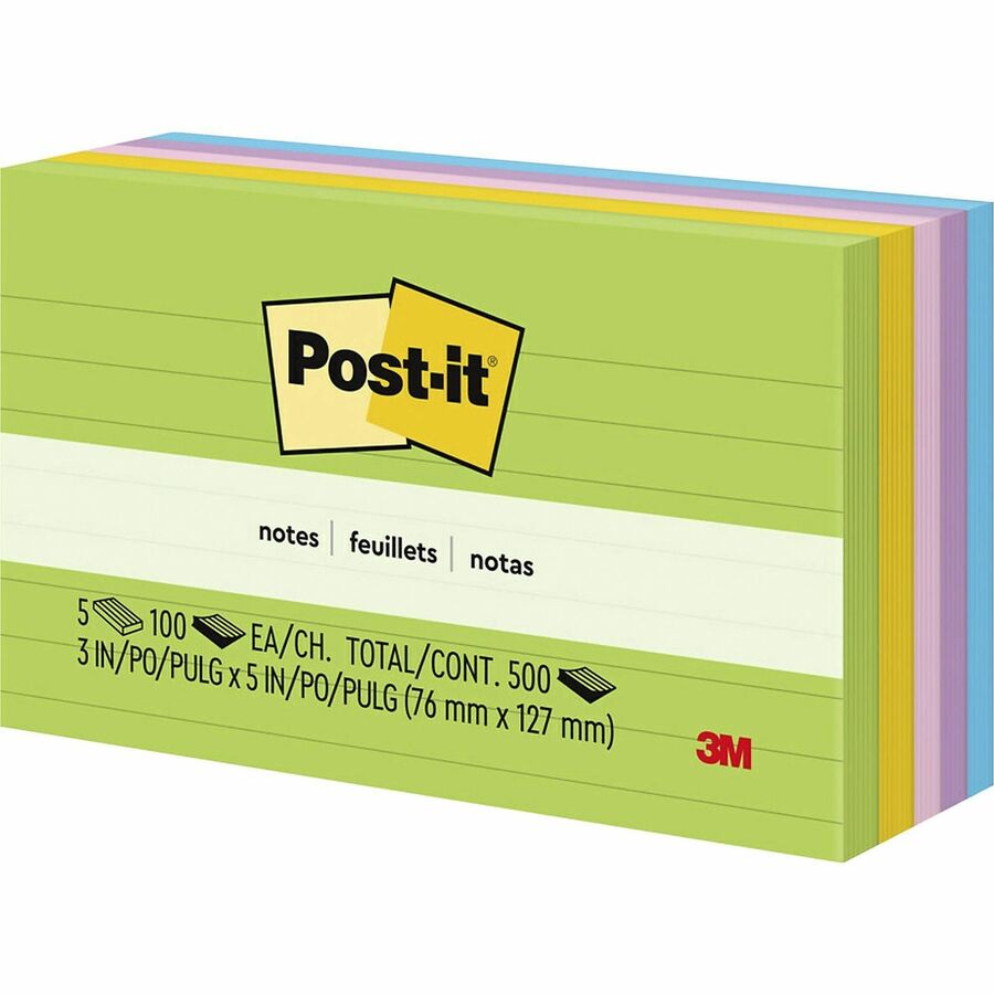 Post-it Notes Original Lined Notepads, Floral Fantasy Color Collection, 3" x 5", 100 Sheets per Pad, 5 Pads/Pack, Assorted Colors