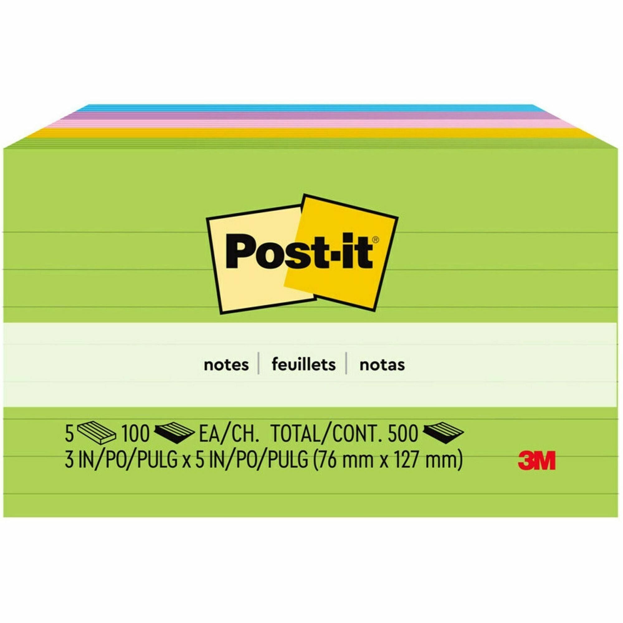 Post-it Notes Original Lined Notepads, Floral Fantasy Color Collection, 3" x 5", 100 Sheets per Pad, 5 Pads/Pack, Assorted Colors