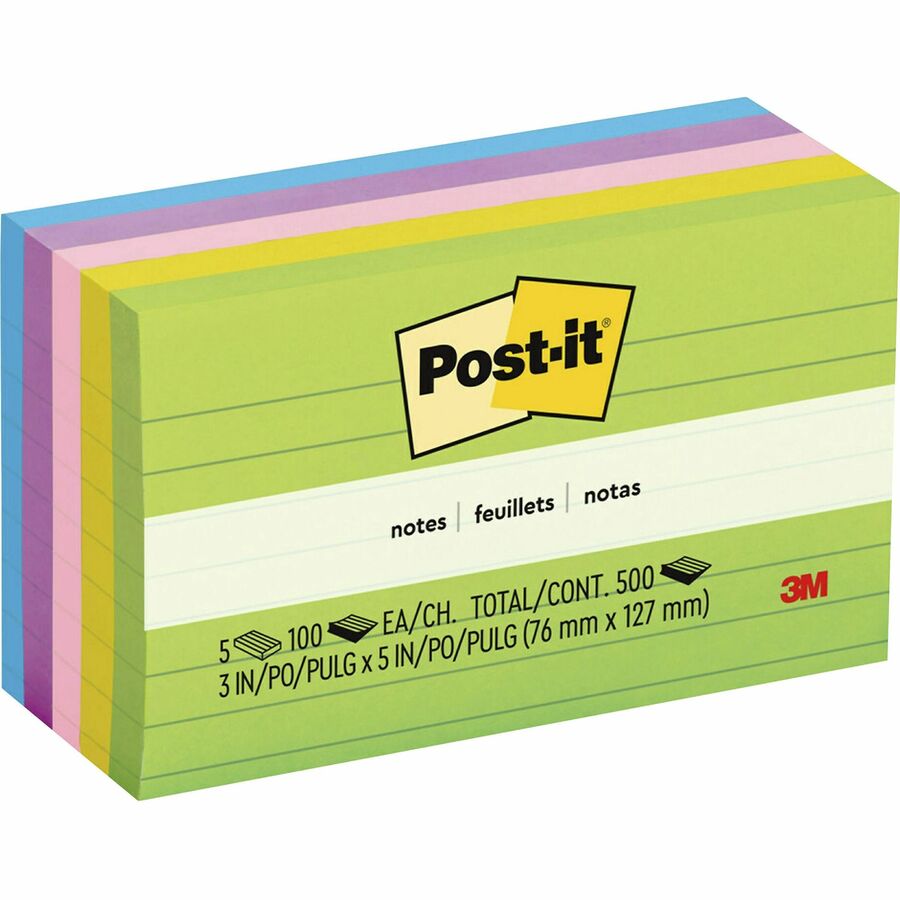 Post-it Notes Original Lined Notepads, Floral Fantasy Color Collection, 3" x 5", 100 Sheets per Pad, 5 Pads/Pack, Assorted Colors