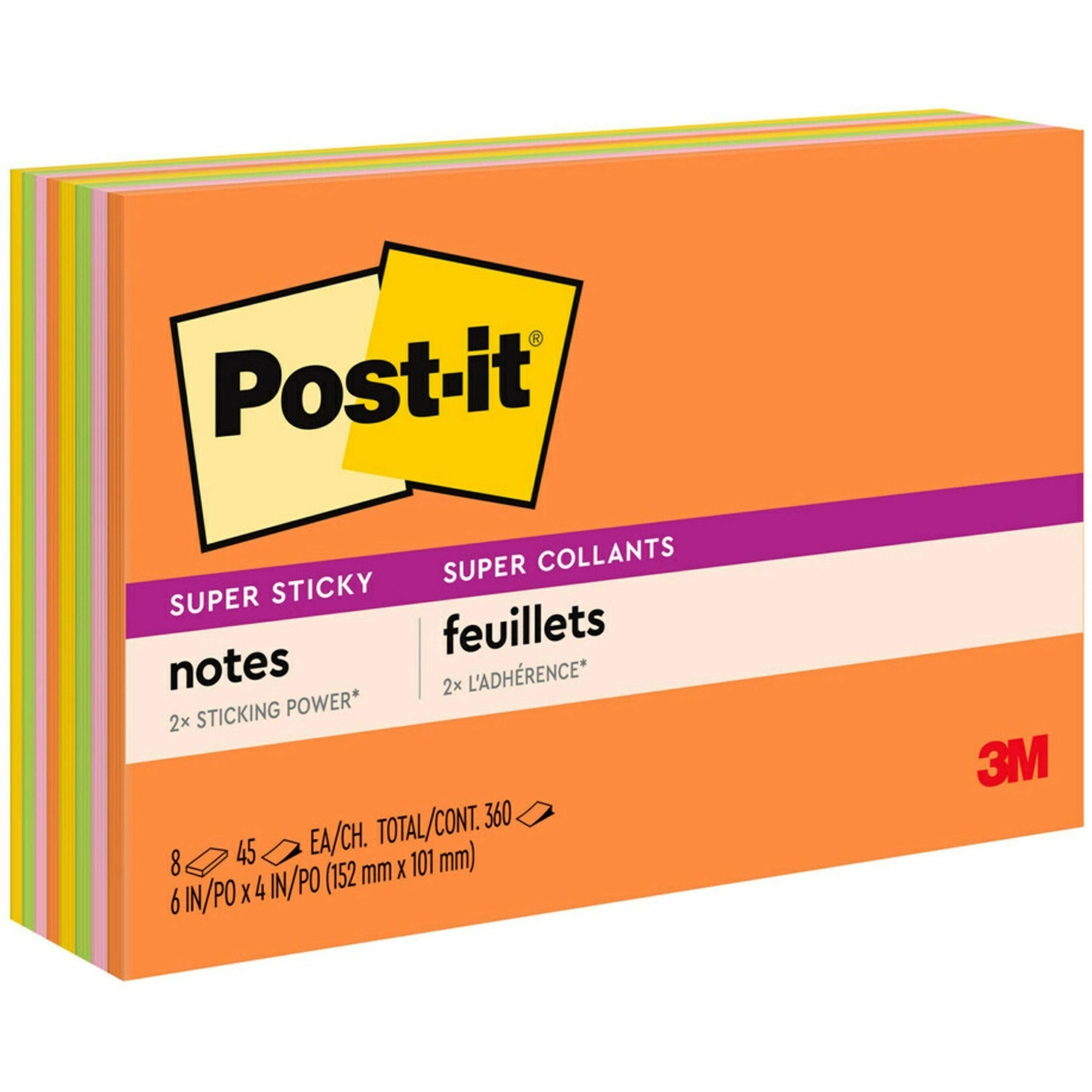 360 - 6" Flag/Note Width x 4" Flag/Note Length - Rectangle - 45 Sheets per Pad - Unruled - Vital Orange, Limeade, Tropical Pink, Sunnyside - Paper - Self-adhesive - 8 / Pack