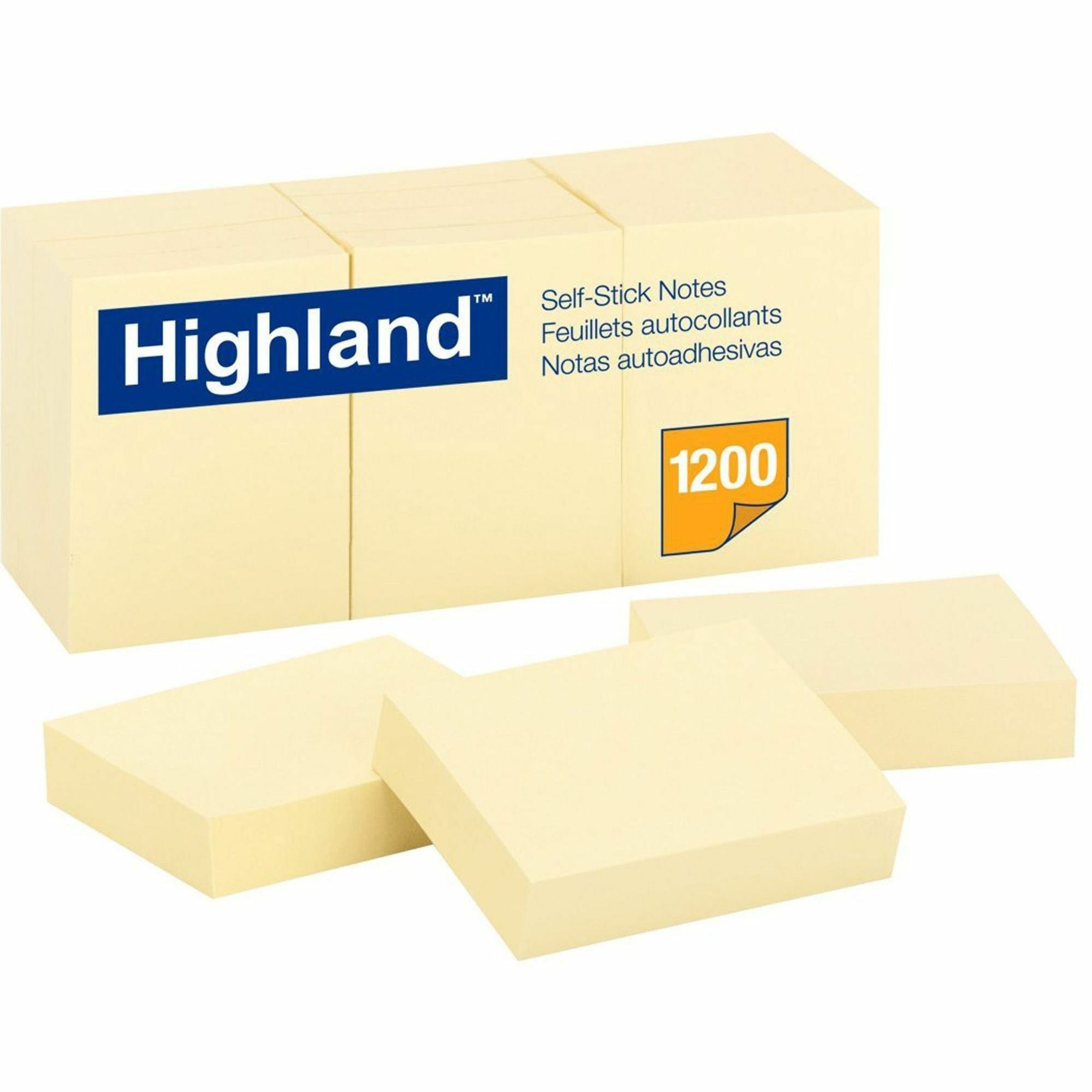 Highland Self-Sticking Notepads - 1200 - 1 1/2" Flag/Note Width x 2" Flag/Note Length - Rectangle - 100 Sheets per Pad - Unruled - Yellow - Paper - Self-adhesive, Repositionable - 1 Pack