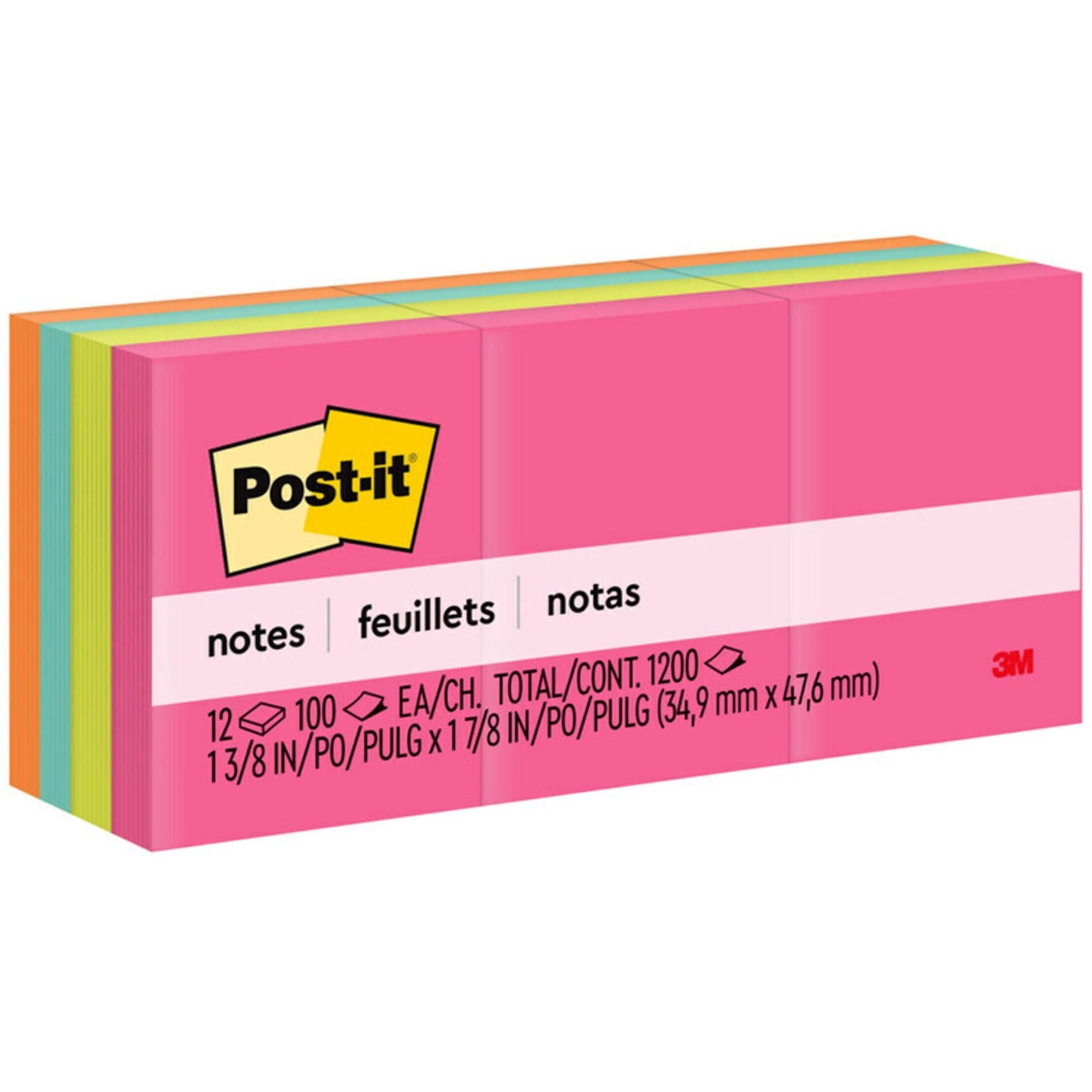 Post-it Notes Original Notepads, Poptimistic Color Collection, 1.5" x 2", 100 Sheets per Pad, 12 Pads per Pack, Multicolor (Power Pink, Acid Lime, Aqua Splash, Vital Orange), Self-adhesive, Repositionable