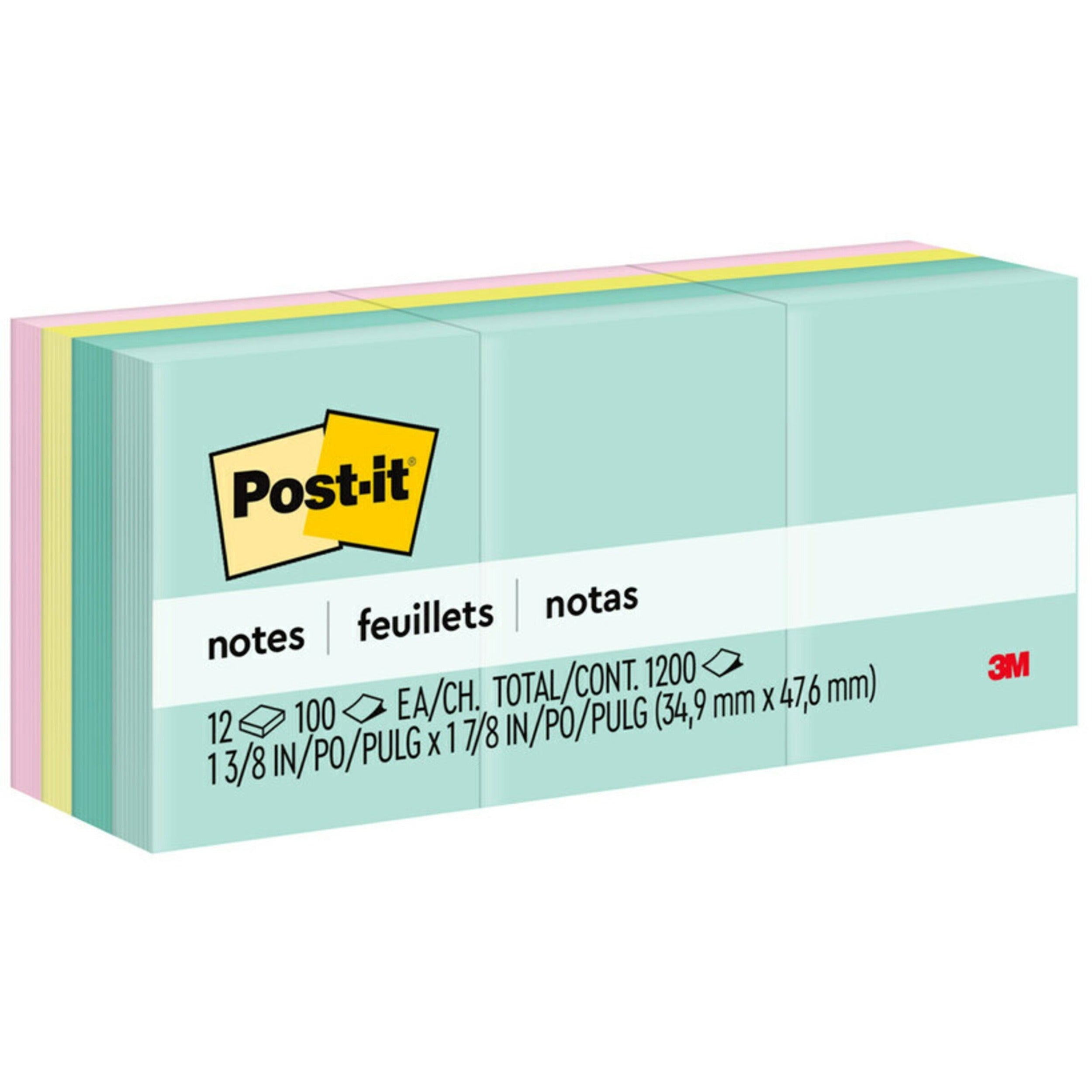 Post-it Notes Beachside Café Color Collection, 1 3/8" x 1 7/8", 100 Sheets per Pad, 12 Pads per Pack, 1200 Notes, Fresh Mint, Aqua Splash, Sunnyside, Papaya Fizz, Guava, Self-adhesive, Repositionable