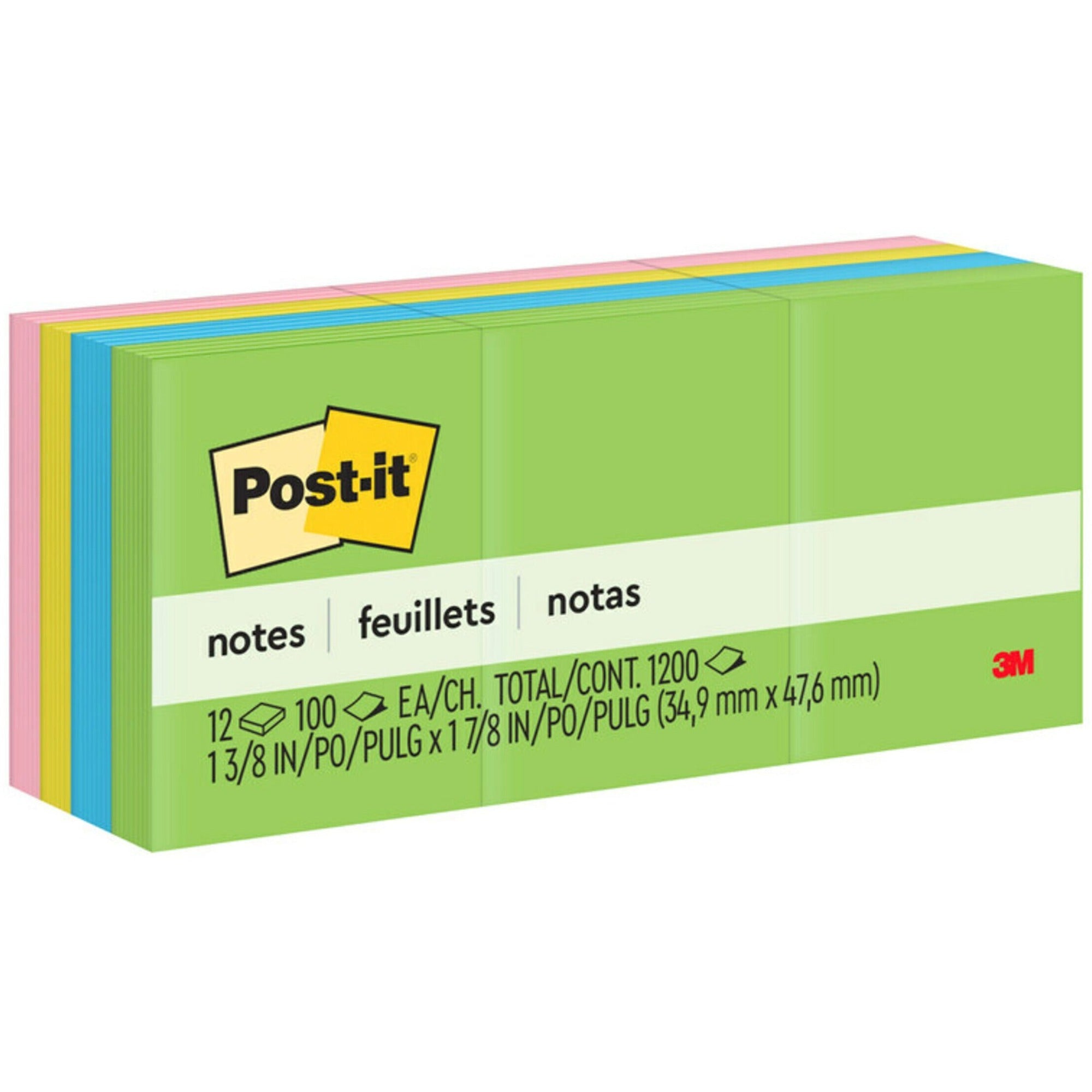 Post-it Notes Original Notepads, Floral Fantasy Color Collection, 1 3/8" x 1 7/8", 100 Sheets per Pad, 12 Pads per Pack, 1200 Notes, Assorted Colors