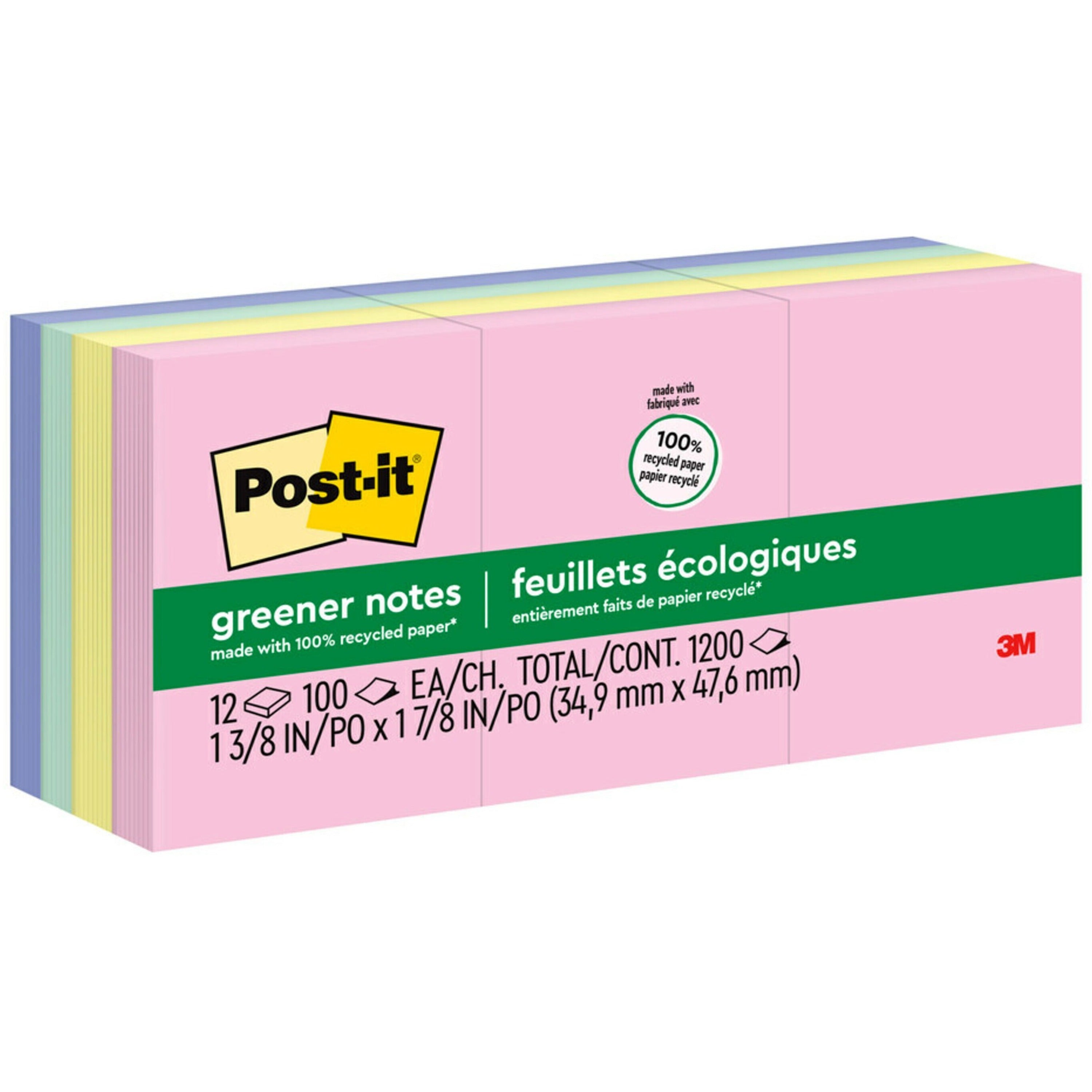Post-it&reg; Greener Notes - 1200 - 1 1/2" Flag/Note Width x 2" Flag/Note Length - Rectangle - 100 Sheets per Pad - Unruled - Positively Pink, Canary Yellow, Fresh Mint, Moonstone - Paper - Self-adhesive, Repositionable - Recycled - 1 Pack