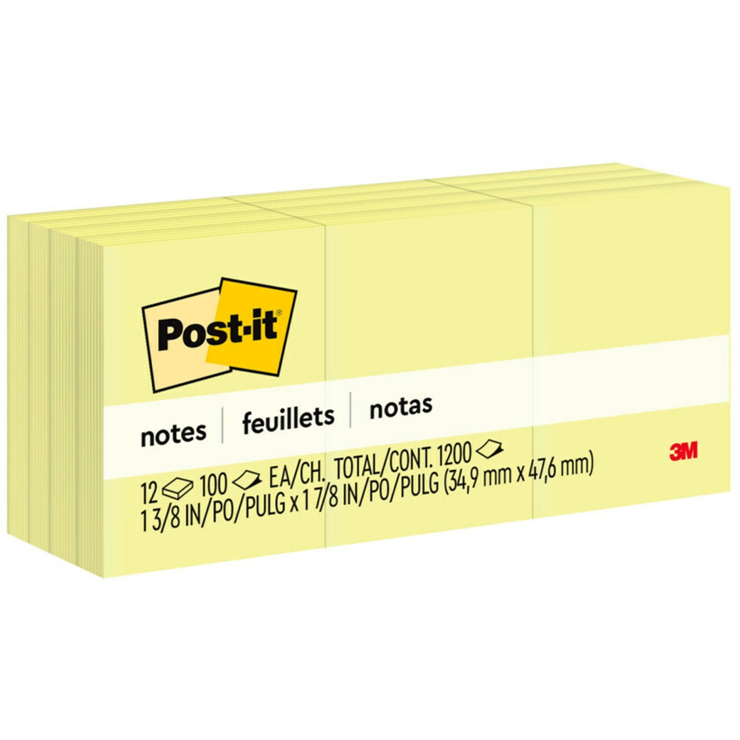 Post-it&reg; Notes Original Notepads - 1 3/8" Flag/Note Width x 1 7/8" Flag/Note Length - Rectangle - 100 Sheets per Pad - Unruled - Canary Yellow - Paper - Self-adhesive, Repositionable - 1 Pack