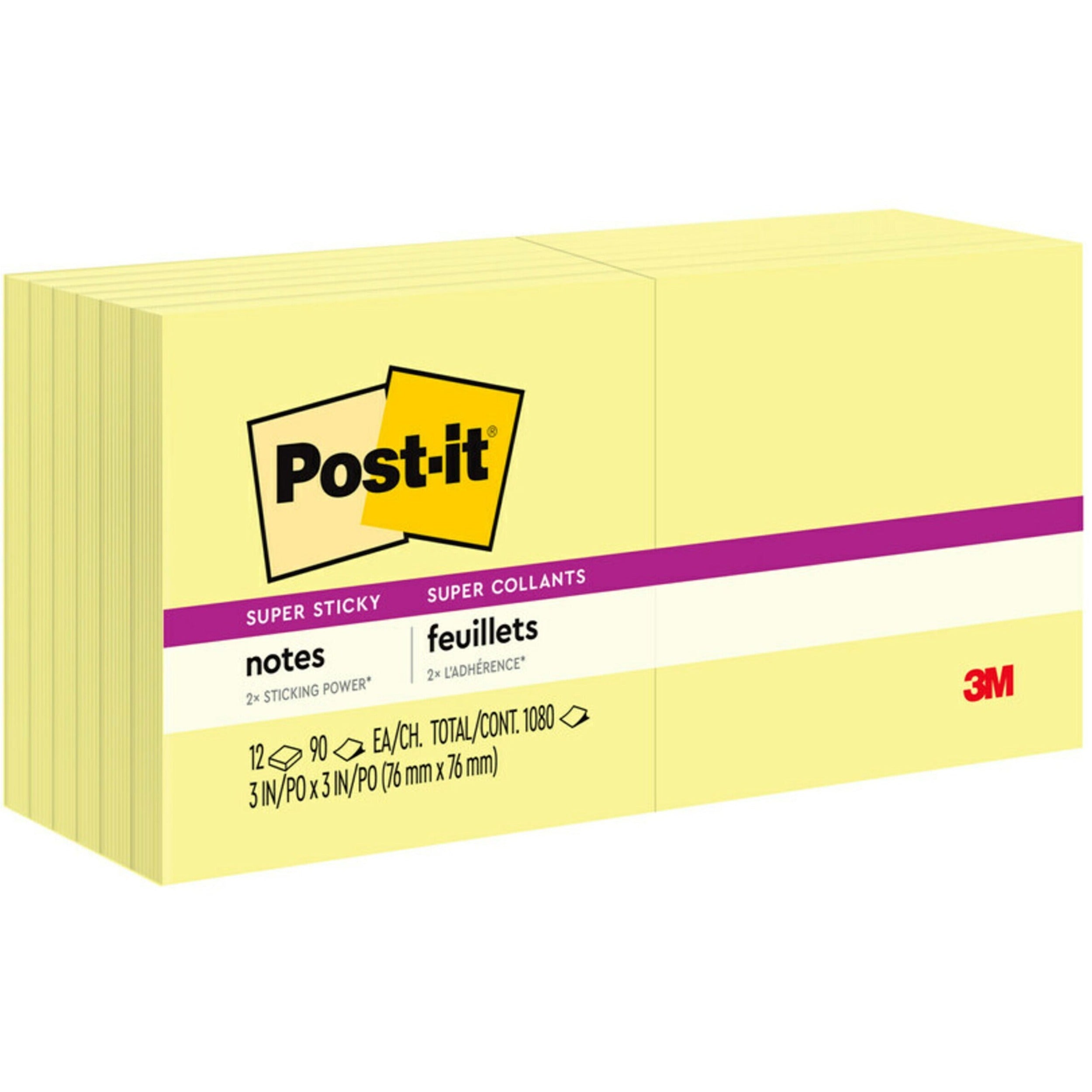 Post-it&reg; Super Sticky Notes - 1080 - 3" Flag/Note Width x 3" Flag/Note Length - Square - 90 Sheets per Pad - Unruled - Canary Yellow - Paper - Self-adhesive - 12 / Pack