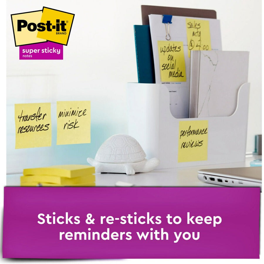 Post-it&reg; Super Sticky Notes - 1080 - 3" Flag/Note Width x 3" Flag/Note Length - Square - 90 Sheets per Pad - Unruled - Canary Yellow - Paper - Self-adhesive - 12 / Pack