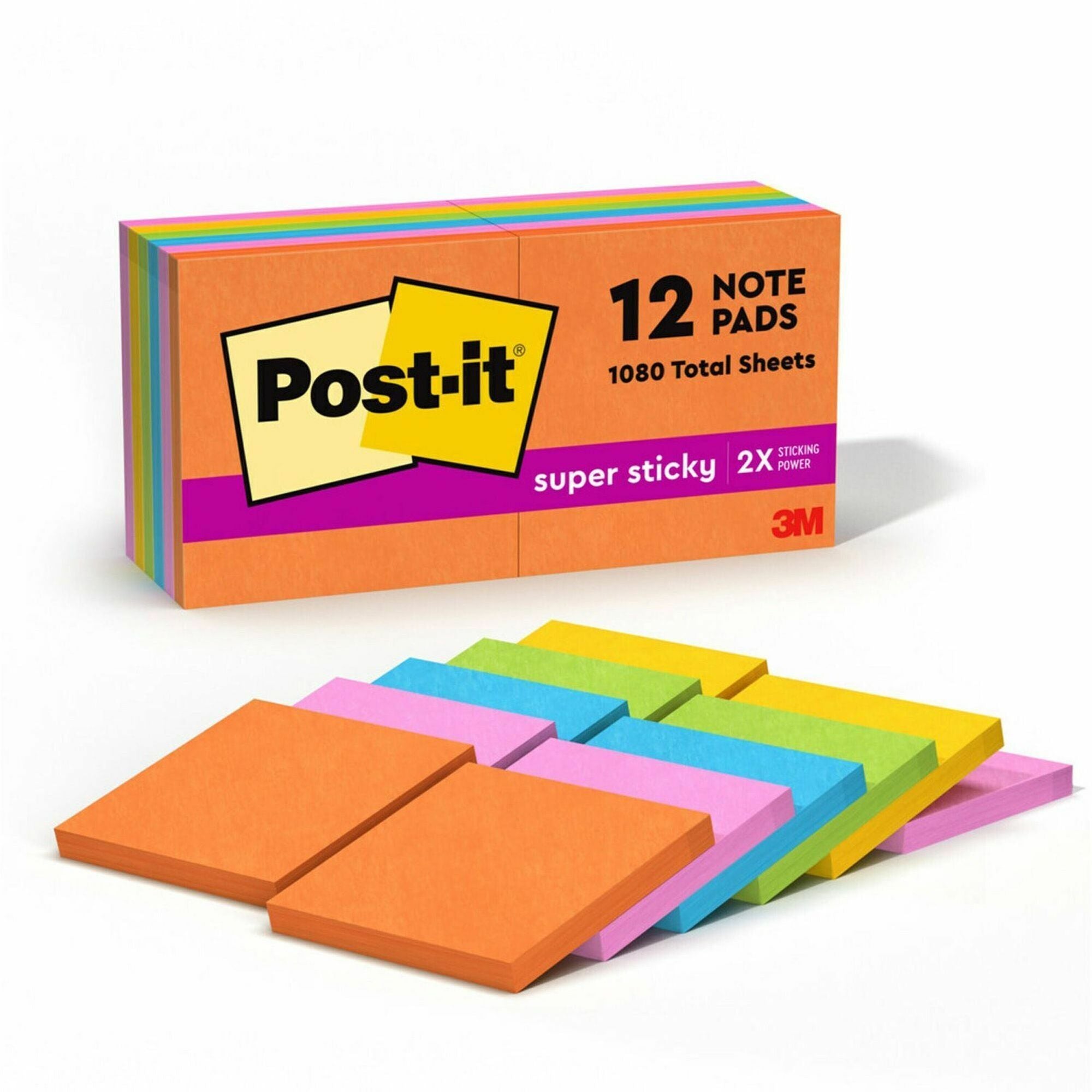 Post-it Super Sticky Notes, Energy Boost Color Collection, 3" x 3", Square, 90 Sheets per Pad, 12 Pads per Pack, Multicolor (Vital Orange, Tropical Pink, Sunnyside, Blue Paradise, Limeade)