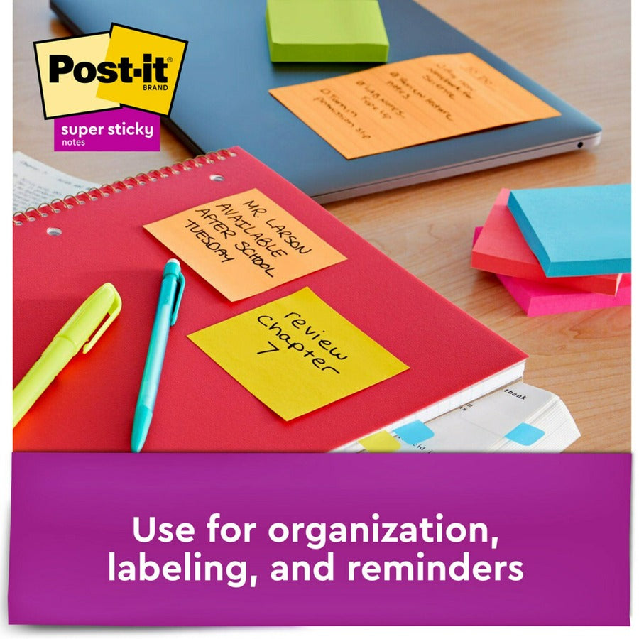 Post-it Super Sticky Notes, Energy Boost Color Collection, 3" x 3", Square, 90 Sheets per Pad, 12 Pads per Pack, Multicolor (Vital Orange, Tropical Pink, Sunnyside, Blue Paradise, Limeade)