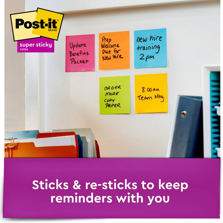 Post-it Super Sticky Notes, Energy Boost Color Collection, 3" x 3", Square, 90 Sheets per Pad, 12 Pads per Pack, Multicolor (Vital Orange, Tropical Pink, Sunnyside, Blue Paradise, Limeade)