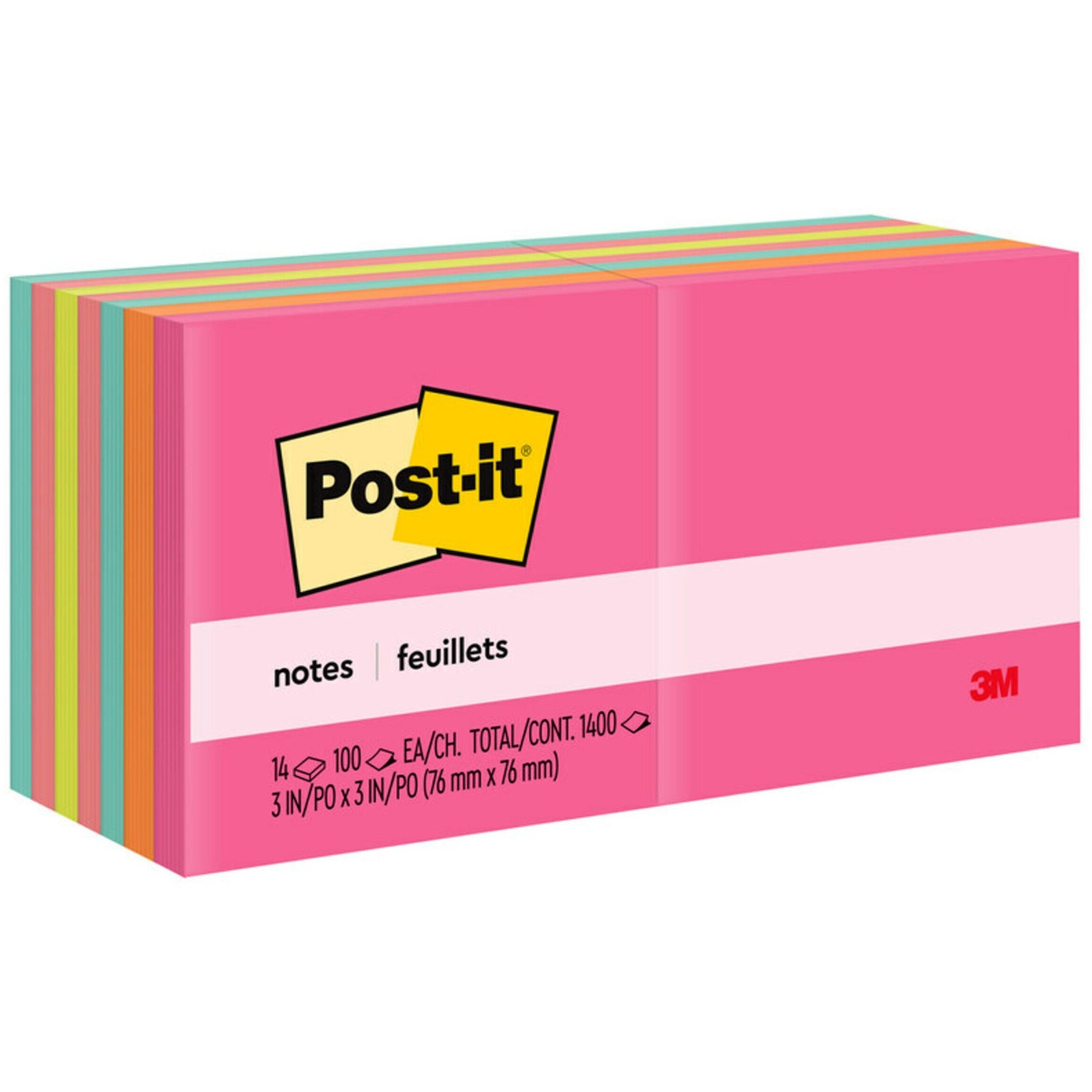 Post-it Notes Poptimistic Color Collection, 3" x 3", Square, Unruled, 100 Sheets per Pad, 14 Pads/Pack, Multicolor (Power Pink, Vital Orange, Aqua Splash, Guava, Acid Lime, Neon Green), Self-adhesive, Repositionable