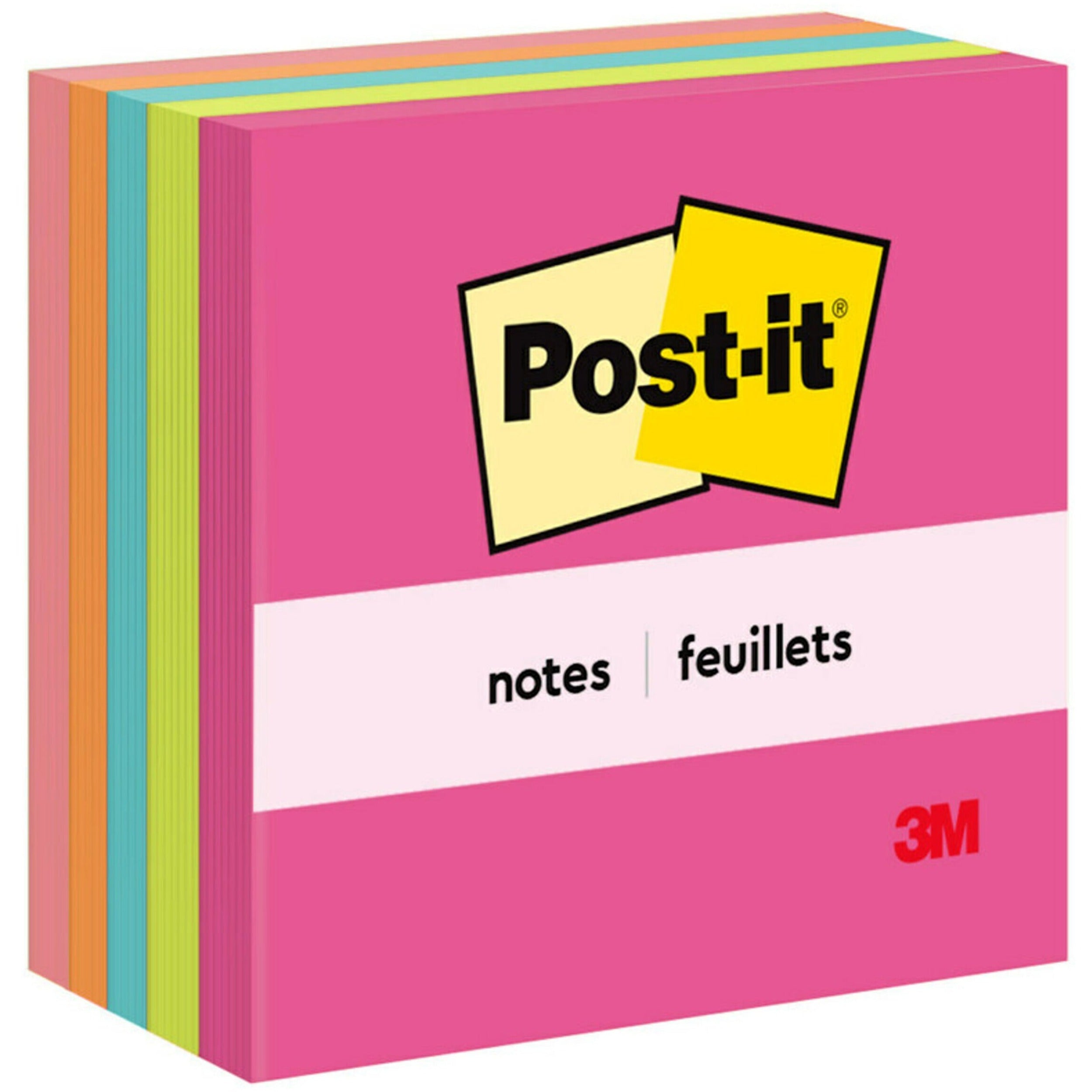 Post-it&reg; Notes - Poptimistic Color Collection - 500 - 3" Flag/Note Width x 3" Flag/Note Length - Square - 100 Sheets per Pad - Unruled - Power Pink, Acid Lime, Aqua Splash, Vital Orange, Guava - Paper - Self-adhesive, Repositionable - 1 Pack