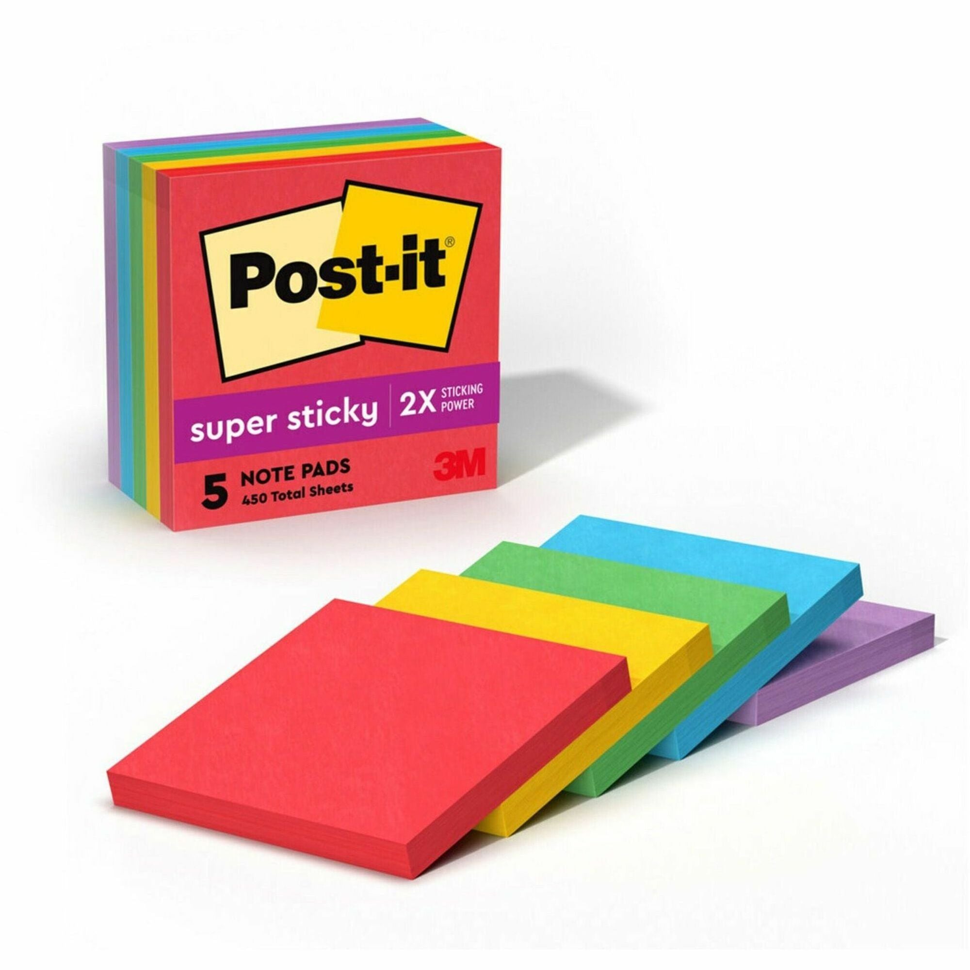 Post-it Super Sticky Notes, Playful Primaries Color Collection, 3" x 3", 90 Sheets per Pad, 5 Pads, Multicolor