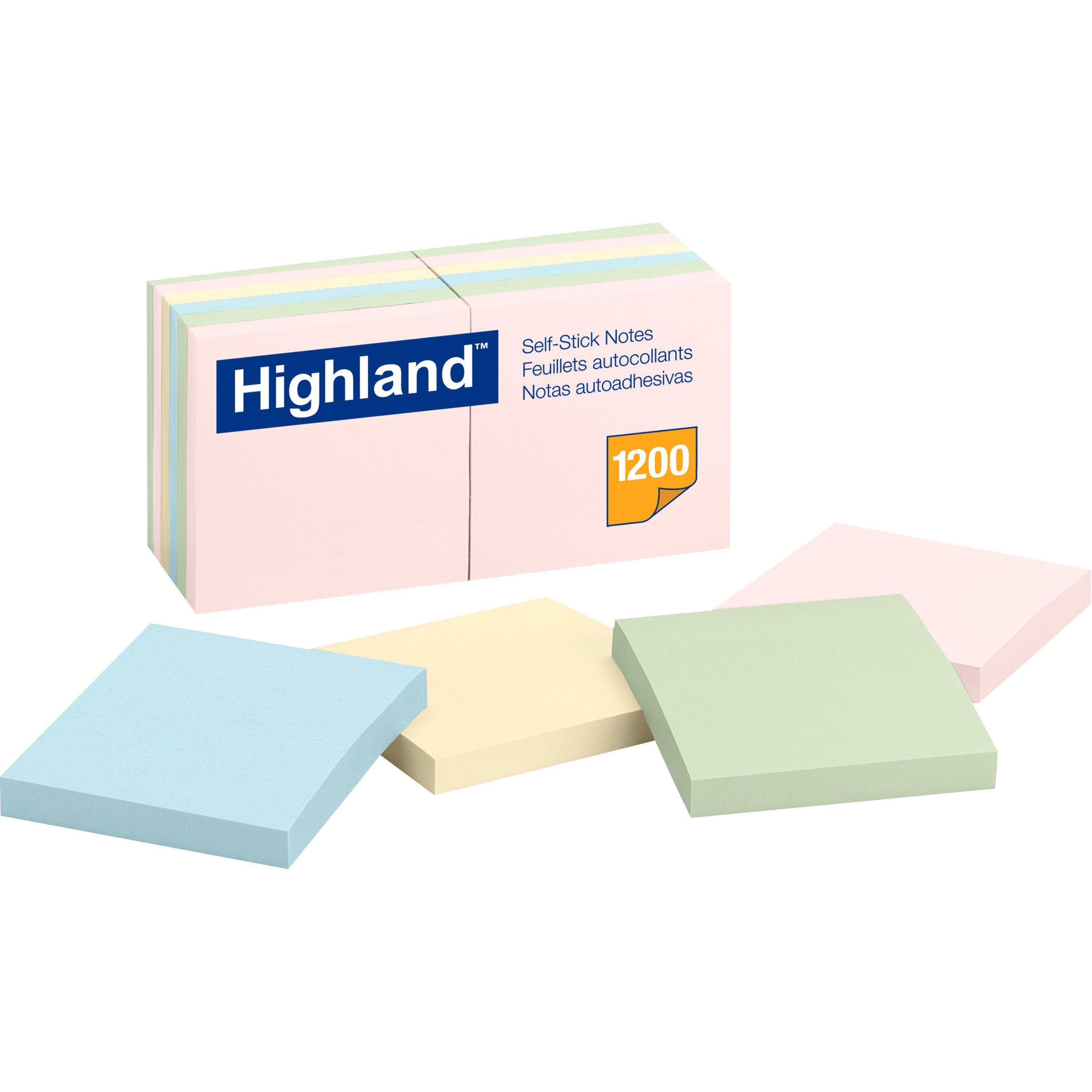 Highland Self-Sticking Notepads - 1200 - 3" Flag/Note Width x 3" Flag/Note Length - Square - 100 Sheets per Pad - Unruled - Assorted Pastel - Paper - Self-adhesive, Repositionable, Removable - 1 Pack