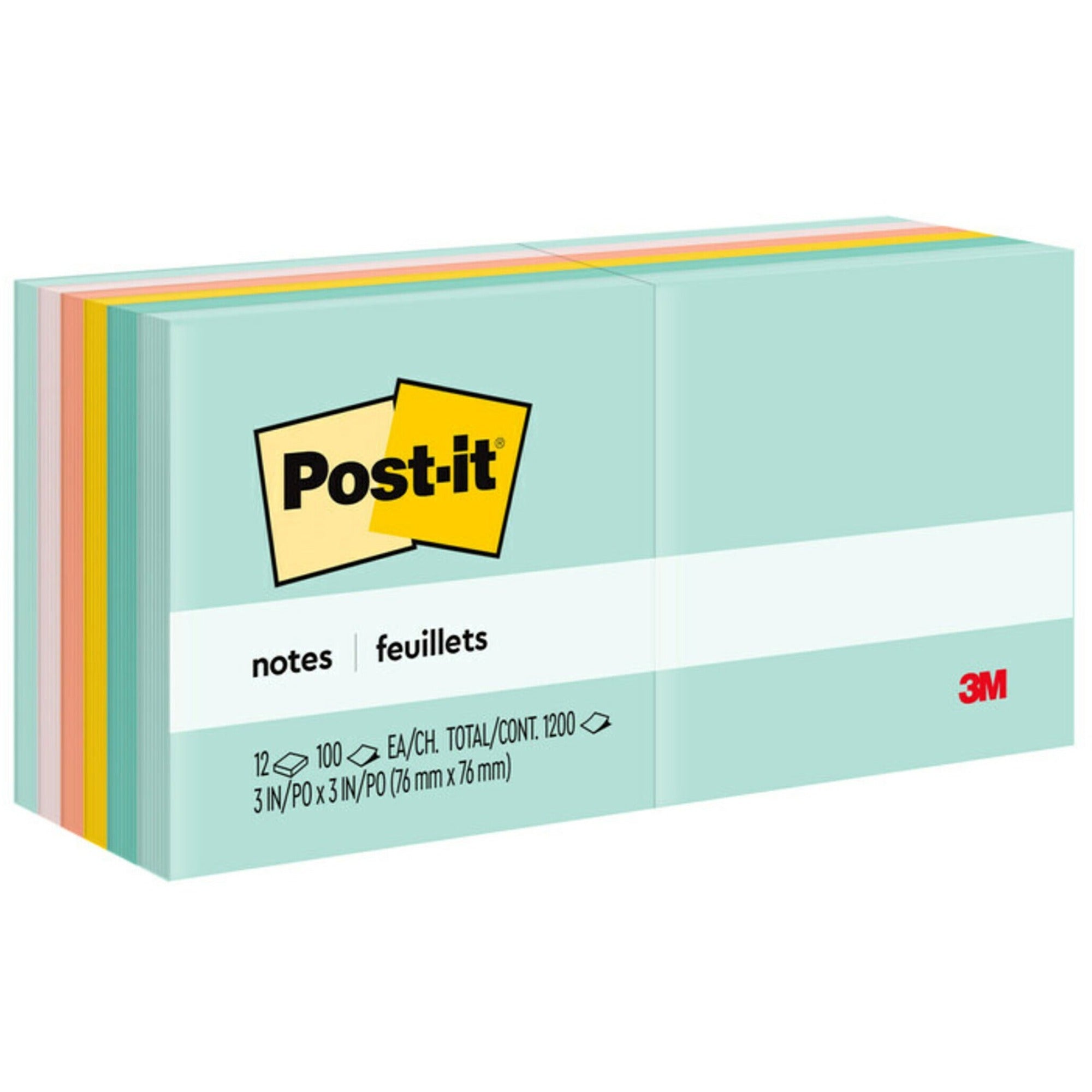 Post-it Notes Beachside Café Color Collection, 3" x 3", Square, 100 Sheets per Pad, 12 Pads/Pack, Fresh Mint, Aqua Splash, Sunnyside, Papaya Fizz, Guava, Self-adhesive, Repositionable