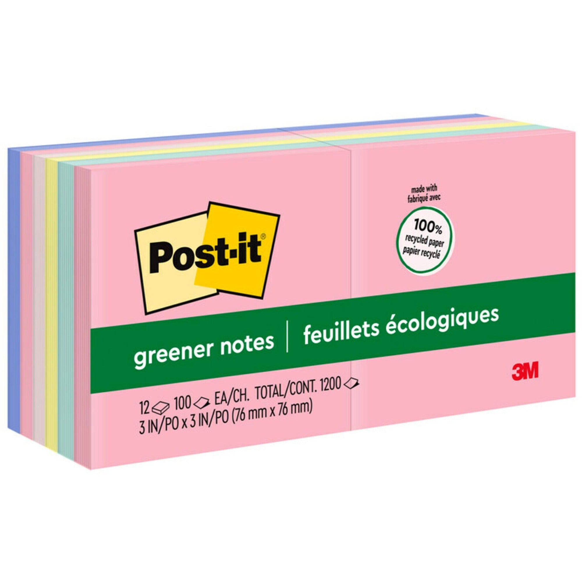 1200 - 3" Flag/Note Width x 3" Flag/Note Length - Square - 100 Sheets per Pad - Unruled - Positively Pink, Pink Salt, Canary Yellow, Fresh Mint, Moonstone - Paper - Self-adhesive, Repositionable - Recycled - 12 / Pack