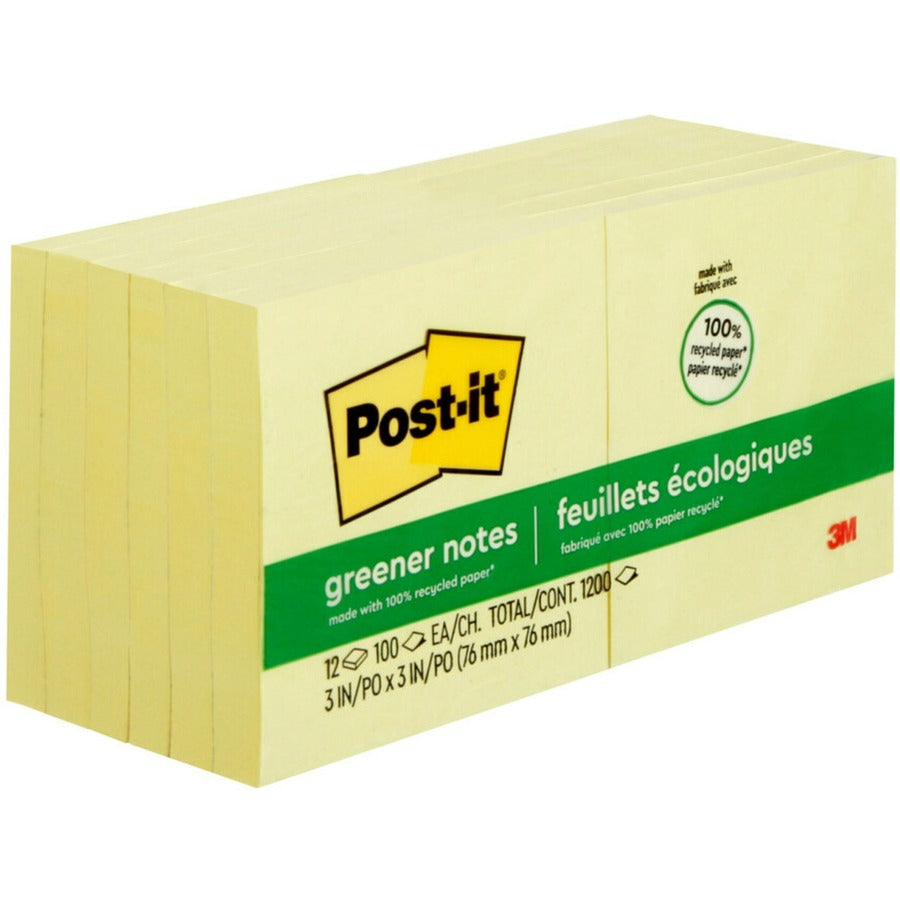 Post-it&reg; Greener Notes - 1200 - 3" Flag/Note Width x 3" Flag/Note Length - Square - 100 Sheets per Pad - Unruled - Canary Yellow - Paper - Self-adhesive, Repositionable - Recycled - 1 Pack