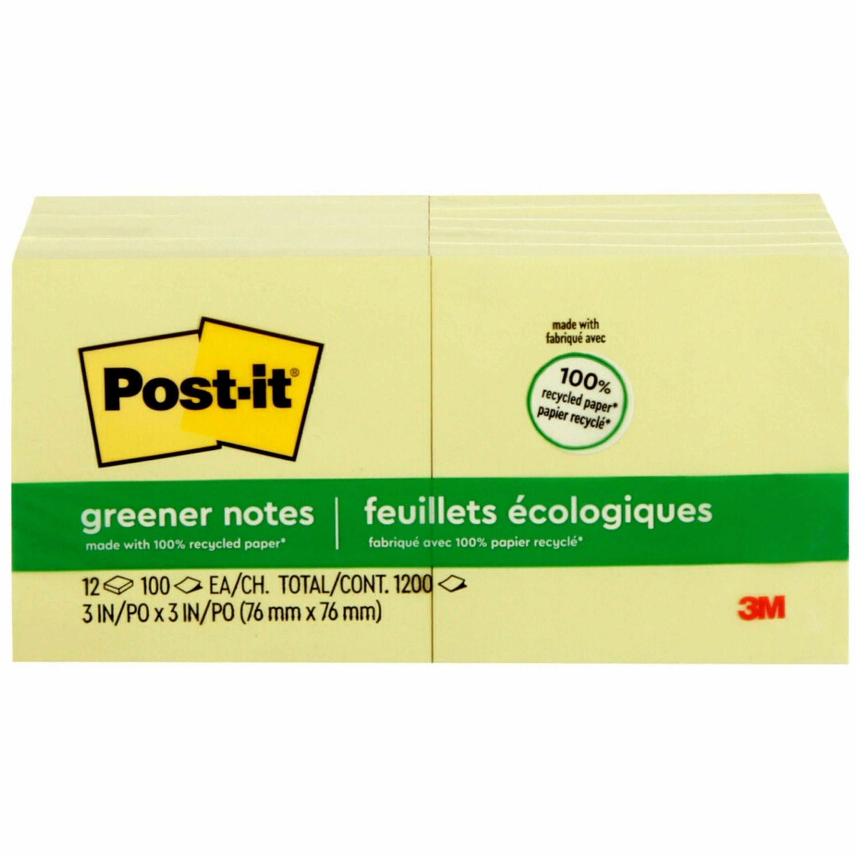 Post-it&reg; Greener Notes - 1200 - 3" Flag/Note Width x 3" Flag/Note Length - Square - 100 Sheets per Pad - Unruled - Canary Yellow - Paper - Self-adhesive, Repositionable - Recycled - 1 Pack