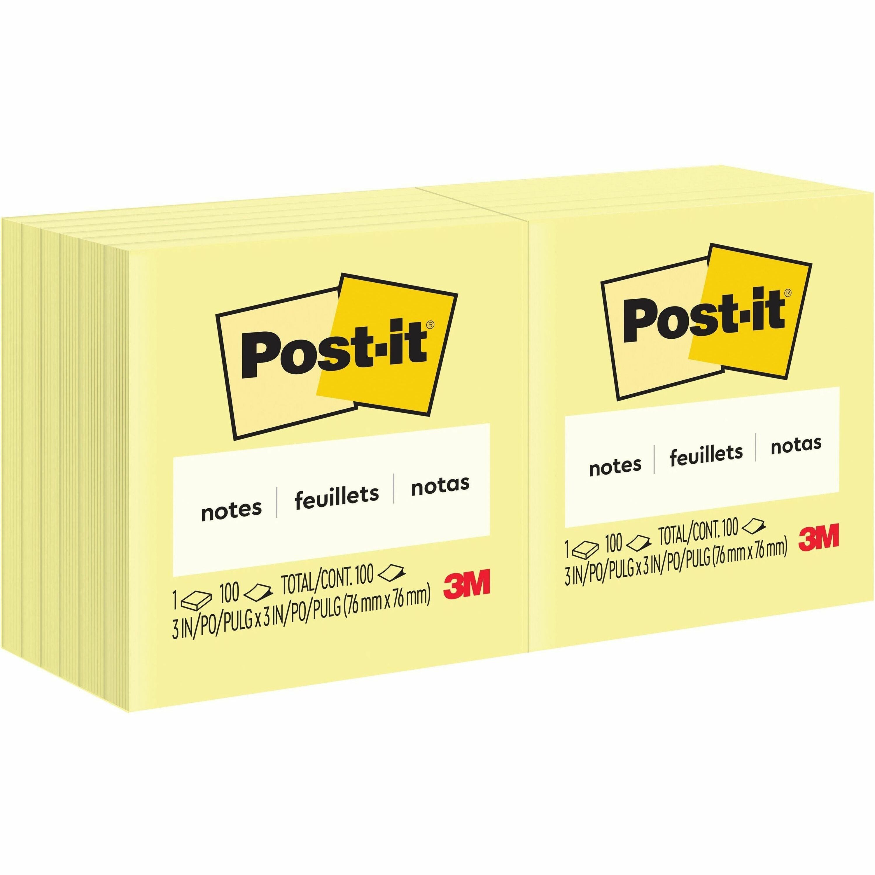 Post-it&reg; Notes Original Notepads - 3" Flag/Note Width x 3" Flag/Note Length - Square - 100 Sheets per Pad - Unruled - Canary Yellow - Paper - Self-adhesive, Repositionable - 1 Pack