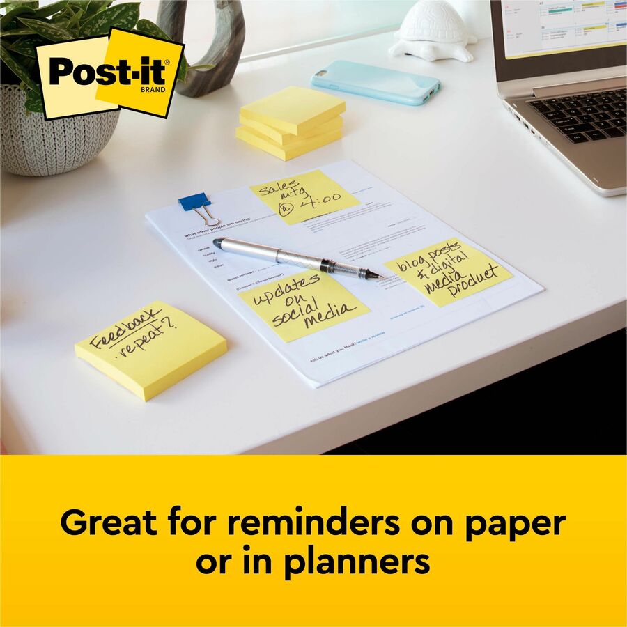 Post-it&reg; Notes Original Notepads - 3" Flag/Note Width x 3" Flag/Note Length - Square - 100 Sheets per Pad - Unruled - Canary Yellow - Paper - Self-adhesive, Repositionable - 1 Pack