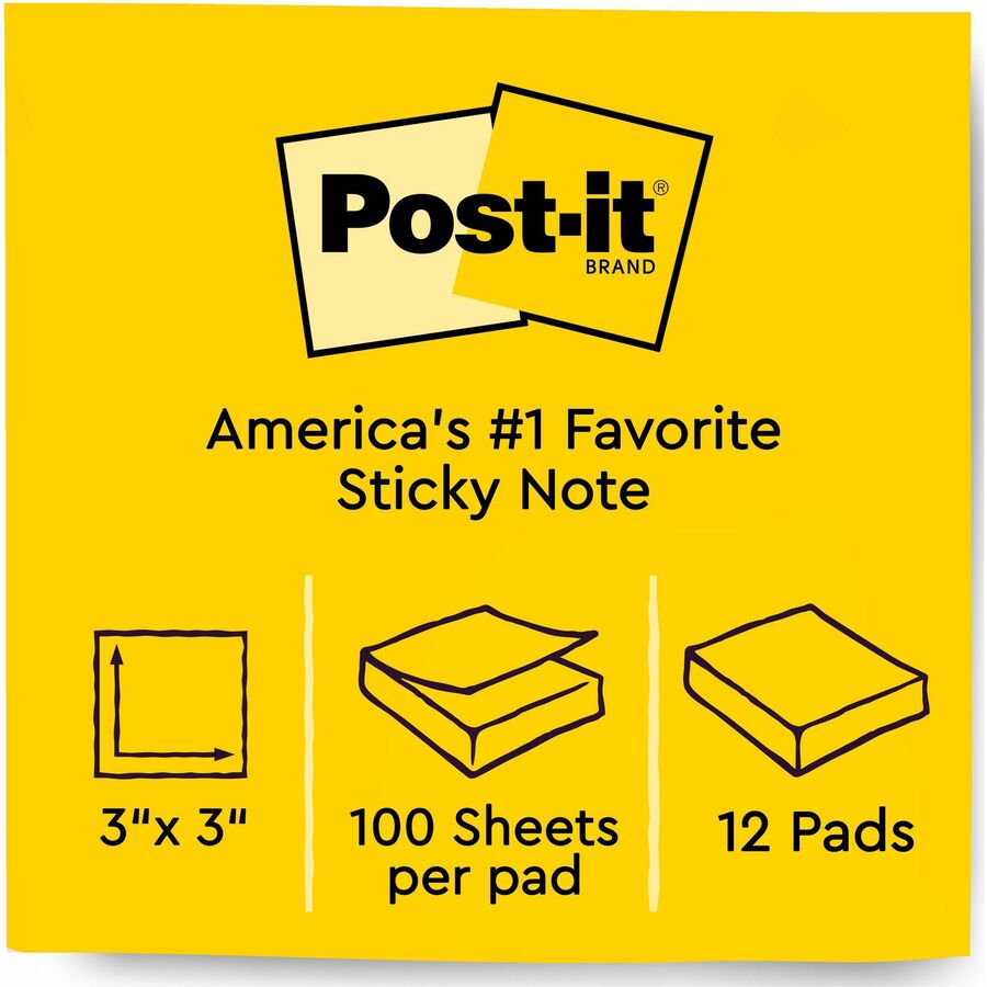 Post-it&reg; Notes Original Notepads - 3" Flag/Note Width x 3" Flag/Note Length - Square - 100 Sheets per Pad - Unruled - Canary Yellow - Paper - Self-adhesive, Repositionable - 1 Pack