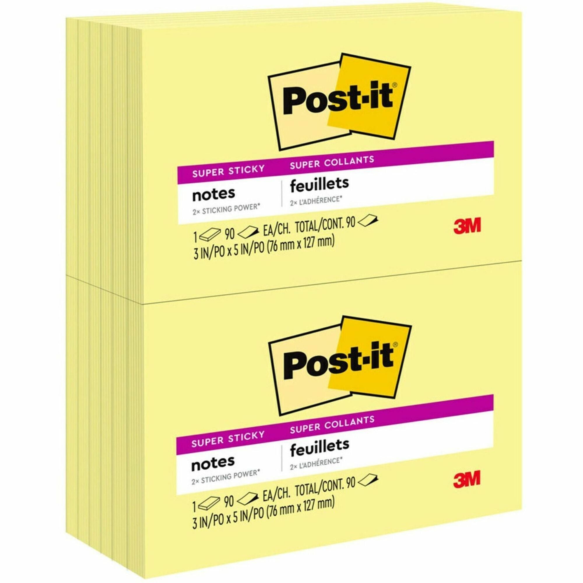 Post-it&reg; Super Sticky Notes - 1080 - 3" Flag/Note Width x 5" Flag/Note Length - Rectangle - 90 Sheets per Pad - Unruled - Yellow - Paper - Self-adhesive - 12 / Pack